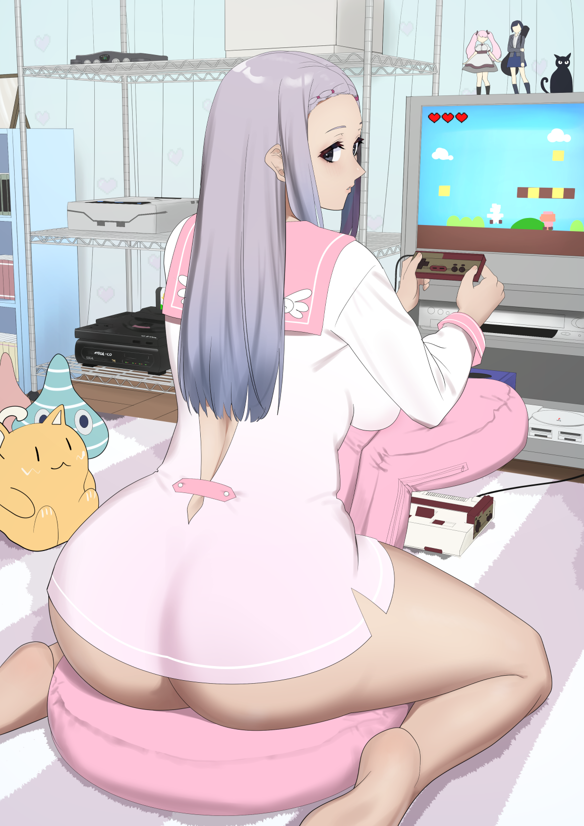 1girls, ass, big ass, big breasts, big butt, bottomless, breasts, eye contact, feet, female, large ass, long hair, looking at viewer, looking back, original, remomon, revealing clothes, silver hair, solo, thick thighs, thighs
