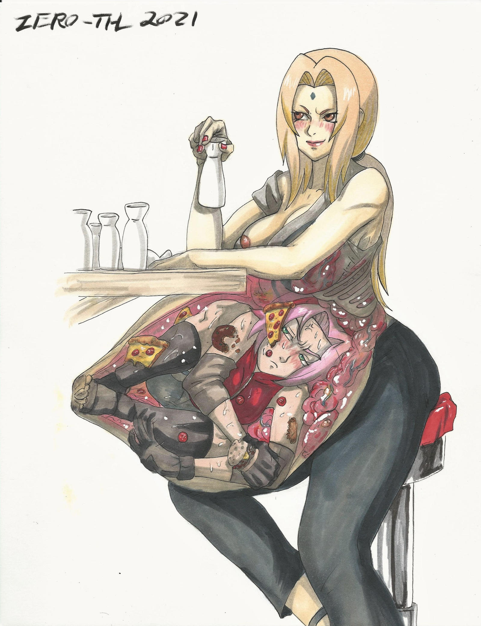 2girls, belly, big belly, blonde hair, blush, breasts, clothing, female, female only, food, internal view, multiple females, multiple girls, naruto, naruto (series), nipples, oral vore, pink hair, sakura haruno, same size vore, stomach, traditional media (artwork), tsunade, vore, x-ray, zero-thl