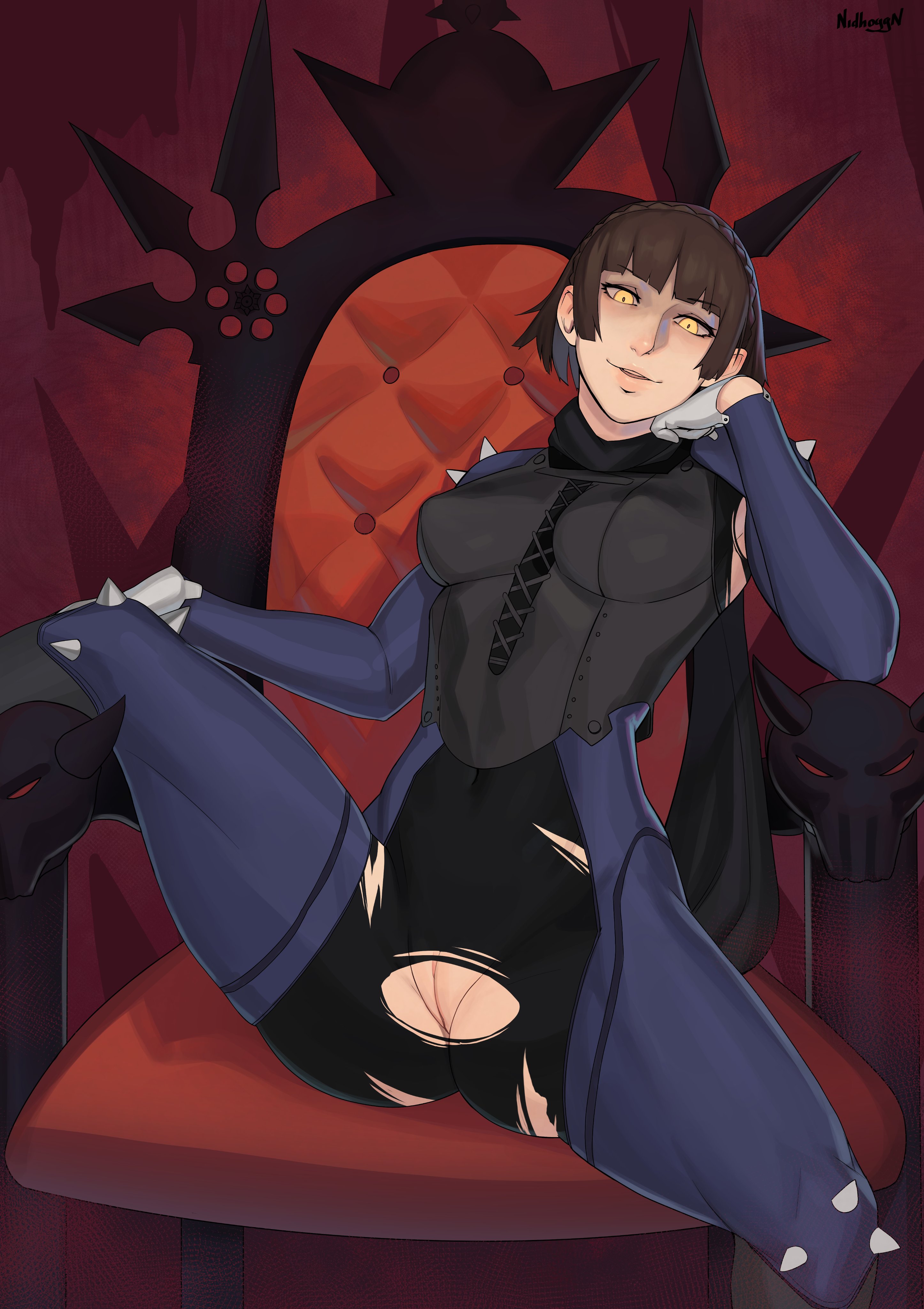 1girls, absurd res, artist name, atlus, bodysuit, brown hair, casual, clothing, female, hi res, human, makoto niijima, makoto niijima (queen), nidhoggn, pale skin, persona, persona 5, phantom thief suit, pussy, ripped clothing, short hair