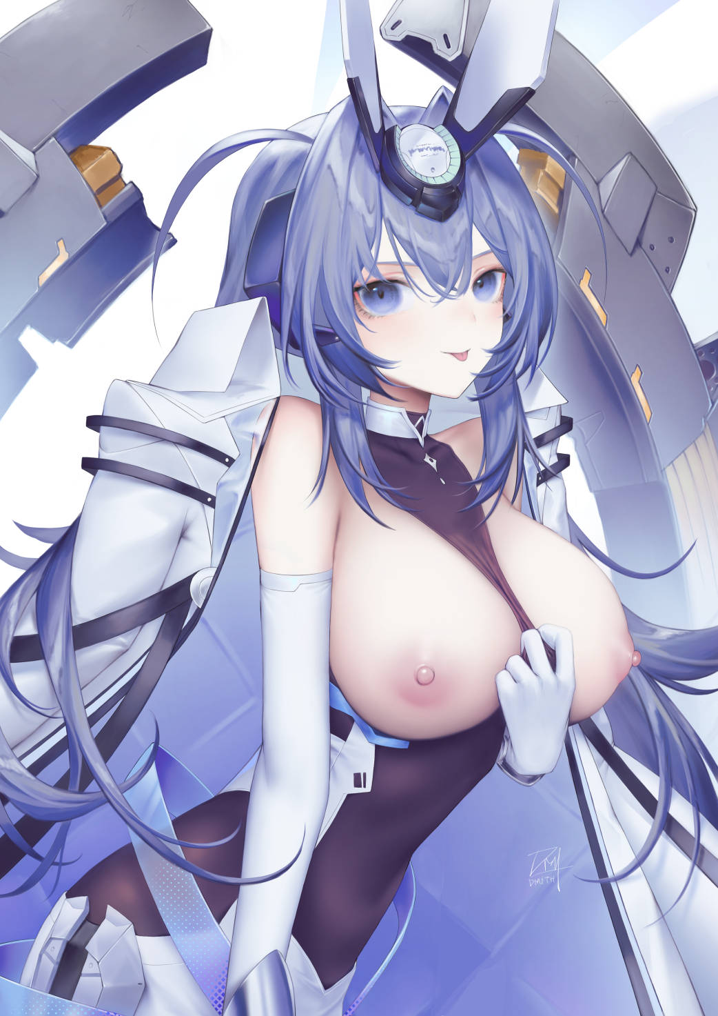 azur_lane bare_shoulders bodystocking breasts breasts_out clothes_pull dmith elbow_gloves female gloves hair_between_eyes headgear highres large_breasts long_hair looking_at_viewer new_jersey_(azur_lane) nipples purple_eyes purple_hair rigging signature simple_background smile solo taut_clothes tongue tongue_out upper_body very_long_hair white_background white_gloves