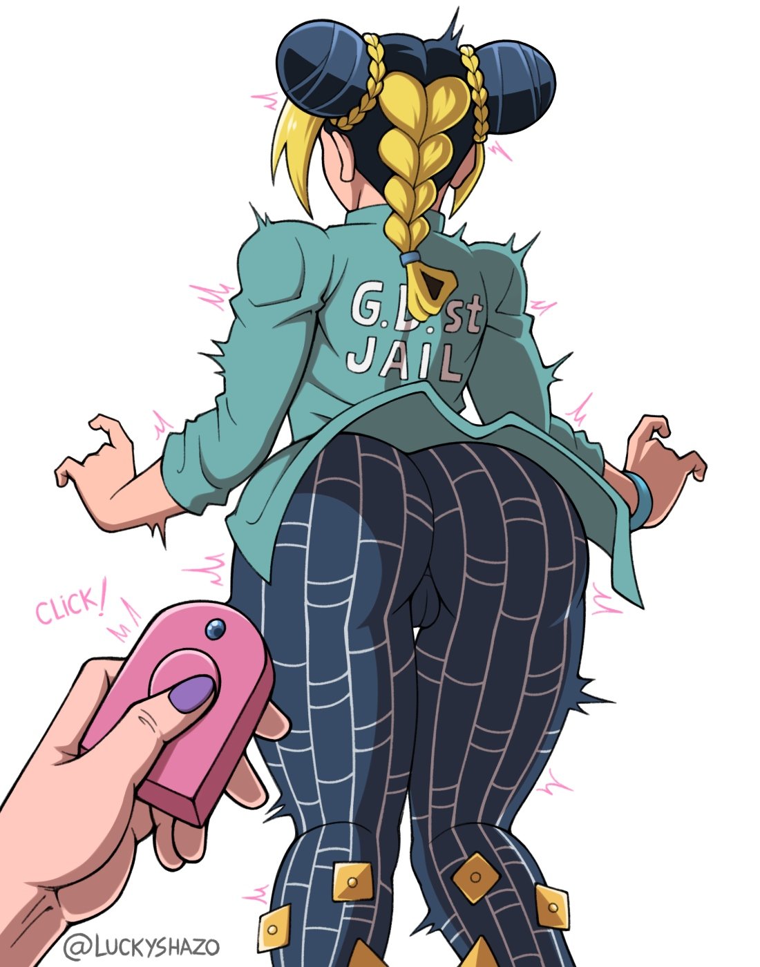 1girls ass big_ass big_butt braided_hair cameltoe clothed dat_ass female female_protagonist fully_clothed gwess jojo's_bizarre_adventure jolyne_kujo long_hair luckyshazo sex_toy stone_ocean thick_thighs thighs tight_pants trembling vibrator yellow_eyes