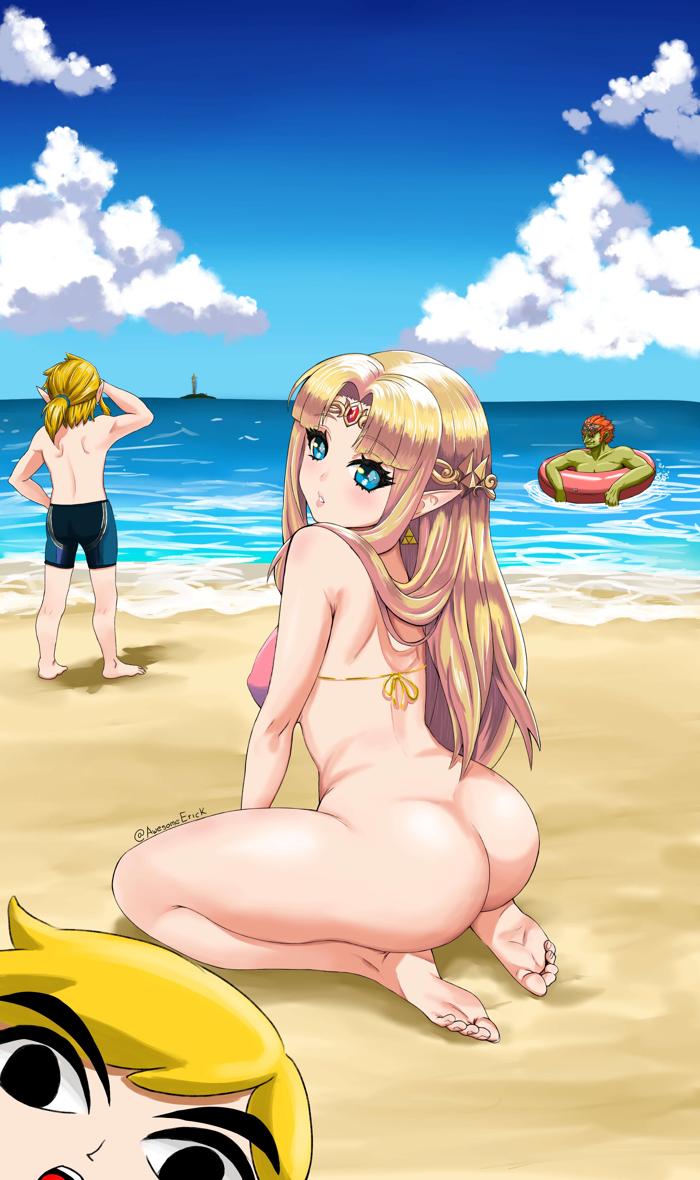 1girls, 3boys, a link between worlds, awesomeerix, breath of the wild, character in background, female, ganondorf, ganondorf (ocarina of time), link, link (breath of the wild), looking at viewer, male, ocarina of time, princess zelda, the legend of zelda, toon link, zelda (a link between worlds)