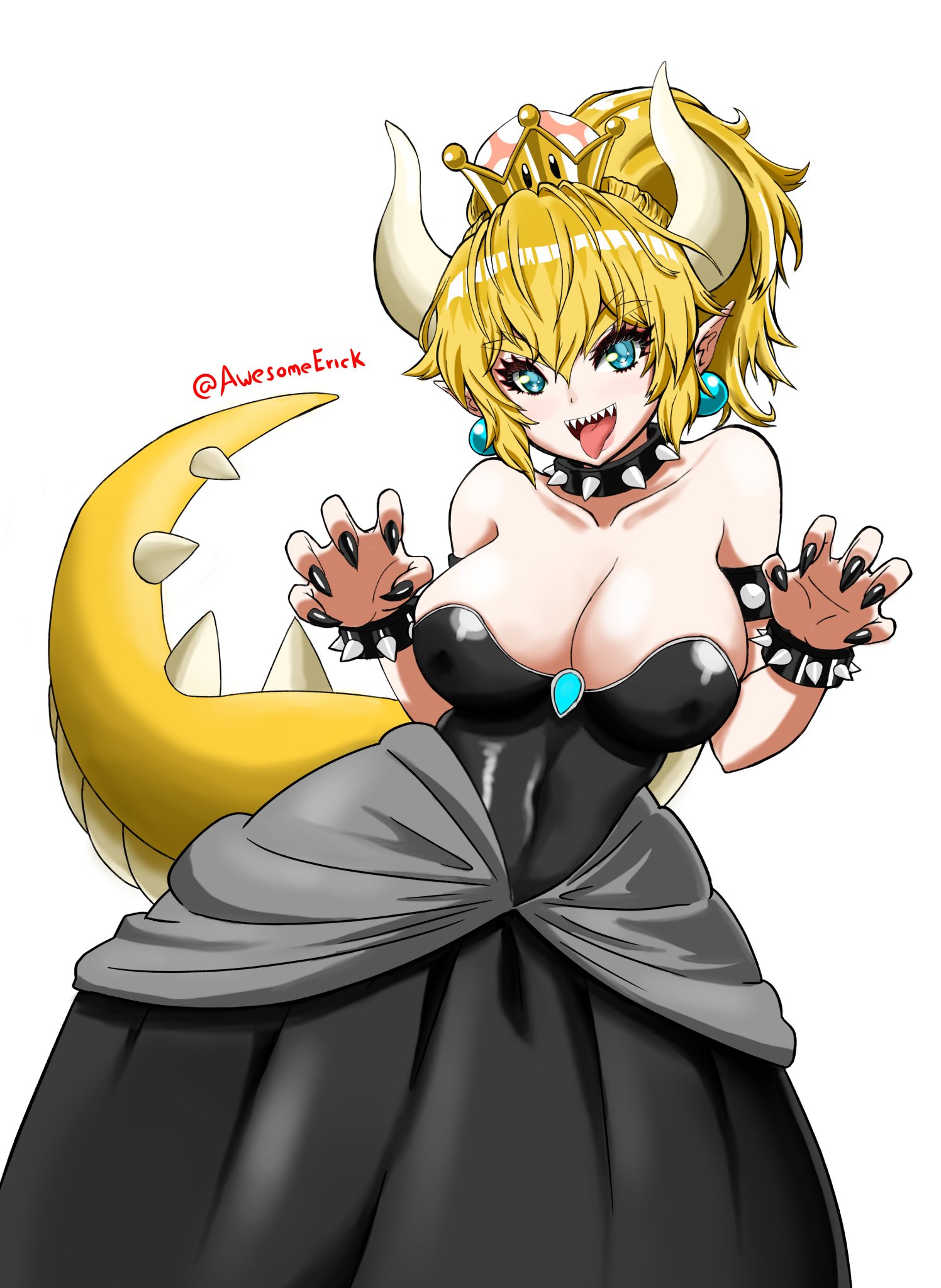 awesomeerix, black dress, bowsette, breasts, dress, female, large breasts, mario (series), new super mario bros. u deluxe, sharp teeth, spiked bracelet, spiked collar, super crown