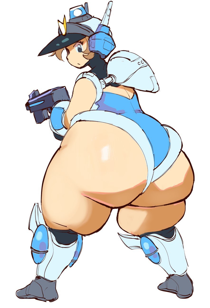 1girls ass blue_eyes brown_hair dreaminerryday fapolantern female female_focus female_only gun helmet hips large_ass looking_at_viewer looking_back mighty_switch_force patricia_wagon police police_uniform policewoman robot_girl short_hair thick_thighs thighs uniform wayforward white_background wide_hips