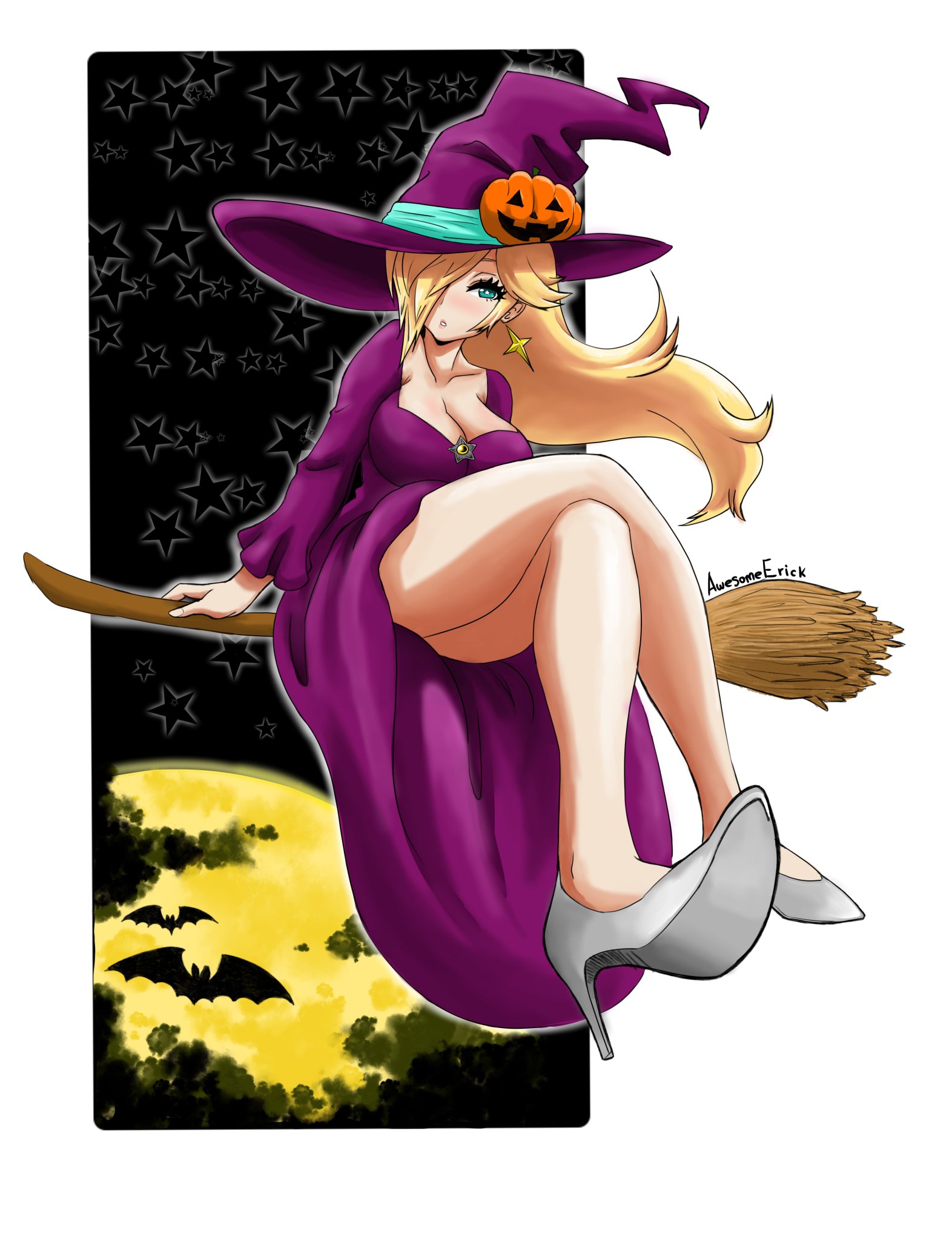 1girls, alternate costume, awesomeerix, blonde female, blonde hair, broom, broom riding, earrings, female, flying, halloween, high heels, mario (series), mario kart, mario kart tour, official alternate costume, princess rosalina, star earrings, witch, witch hat