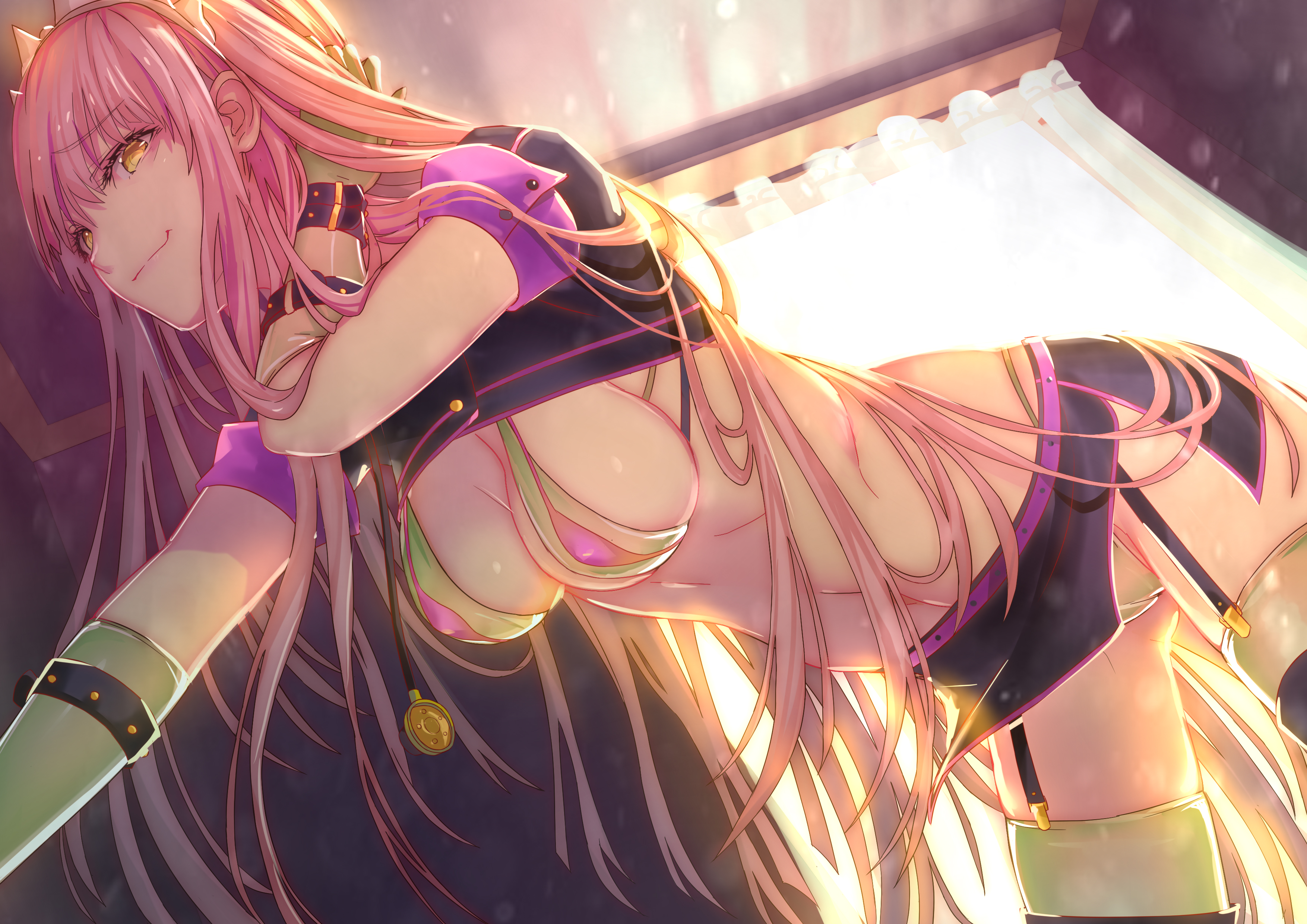 1girls, arm support, bangs, belt, bikini, blush, boots, braid, breasts, cleavage, closed mouth, clothing, cosplay, crown, eyebrows visible through hair, fate (series), fate/grand order, female, florence nightingale (fate) (cosplay), gloves, green bikini, green gloves, green legwear, hand behind head, hat, headwear, high resolution, hourai no hangentsuki, indoors, large breasts, layered bikini, leaning forward, legwear, long hair, looking at viewer, medb (fate), micro bikini top, microskirt, miniskirt, navel, nurse cap, pink belt, pink hair, pixiv id 3175442, pov, purple belt, purple bikini, revealing clothes, short sleeves, shrug (clothing), side-tie bikini, sidelocks, skindentation, skirt, smile, solo, stethoscope, stomach, swimsuit, thigh boots, thighhighs, thighhighs under boots, tiara, tied hair, trick or treatment (cosplay), underwear, very high resolution, very long hair, yellow eyes