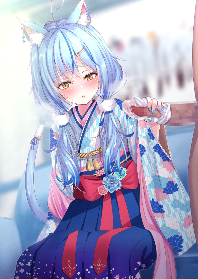 1boy ahoge animal_ear_fluff animal_ears bangs blue_hair blue_hakama blue_kimono blue_nails blue_skirt blush cat_ears cat_girl cat_tail censored colored_tips embarrassed female fingernails fluids hair_between_eyes hair_ornament hairclip hakama hakama_skirt handjob heart_ahoge hololive hololive_gen_5 hololive_japan japanese_clothes kimono long_hair looking_at_penis low_twintails lowres mosaic_censoring multicolored_hair nail_polish obi out_of_frame panties panties_on_penis penis print_kimono ribbon sash skirt streaked_hair tail tail_ornament tail_ribbon tearing_up twintails underwear virtual_youtuber xwu yellow_eyes yukihana_lamy