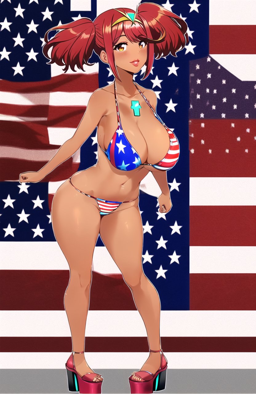 ai_generated alternate_hairstyle american_flag american_flag_bikini bimbo bimbo_body bimbo_lips bimbofication bimbofied cleavage core_crystal full_body ganguro hair_ornament high_heels lips lipstick nai_diffusion pink_lips pink_lipstick platform_footwear platform_heels pyra red_hair robofun stable_diffusion strapless striped_legwear tan_body tan_skin thighhighs thighs tiara twintails xenoblade_(series) xenoblade_chronicles_2