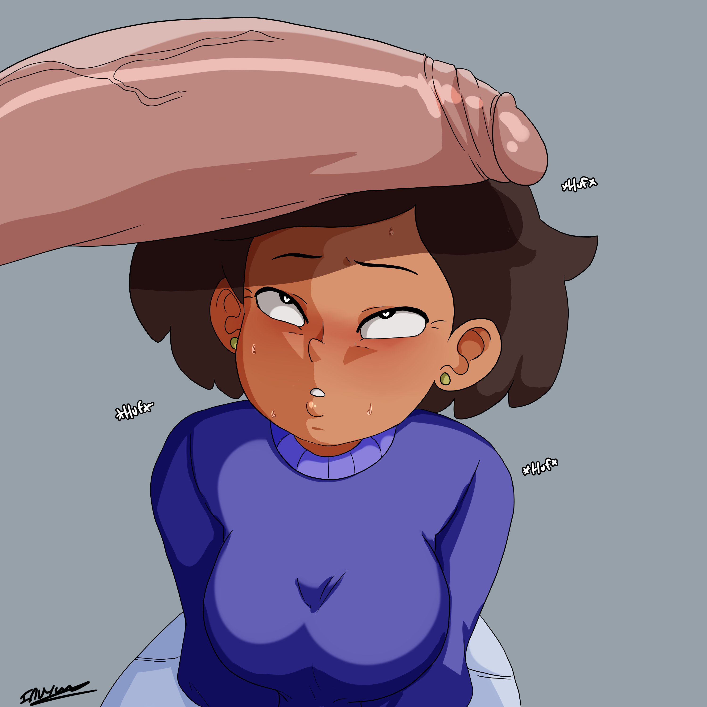 1boy, 1girls, amphibia, asian female, blush, brown hair, clothed female nude male, disney, disney channel, female, heart-shaped pupils, huge cock, inuyuru, male, mrs. boonchuy, oum boonchuy, penis, penis awe, penis on face, rolling eyes, smooth skin, sweat, thai