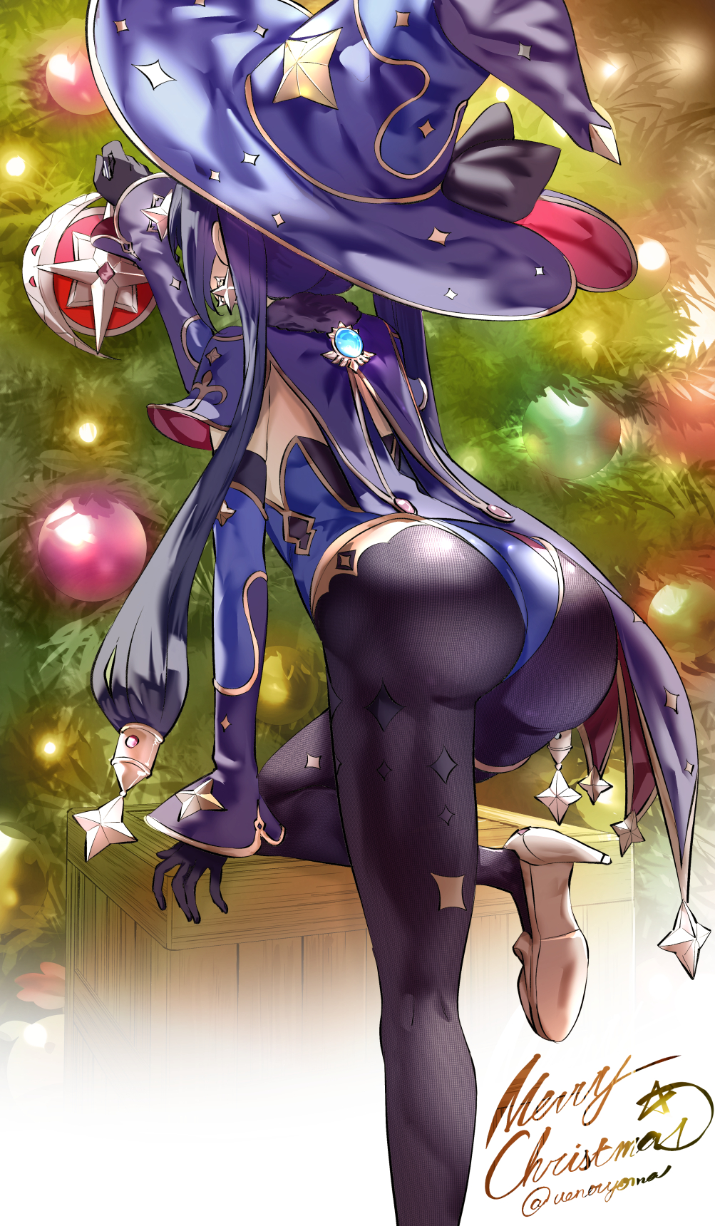 1girls, 2021, ass, back view, bending forward, big ass, black hair, bubble ass, bubble butt, christmas, christmas tree, clothed, clothed female, english text, female, female only, genshin impact, hair ornament, hat, highleg leotard, indoors, large ass, large hat, leggings, leotard, long hair, mona (genshin impact), purple leotard, sheer legwear, simple background, standing, text, tight clothing, tight fit, tights, twintails, uenoryoma, witch hat