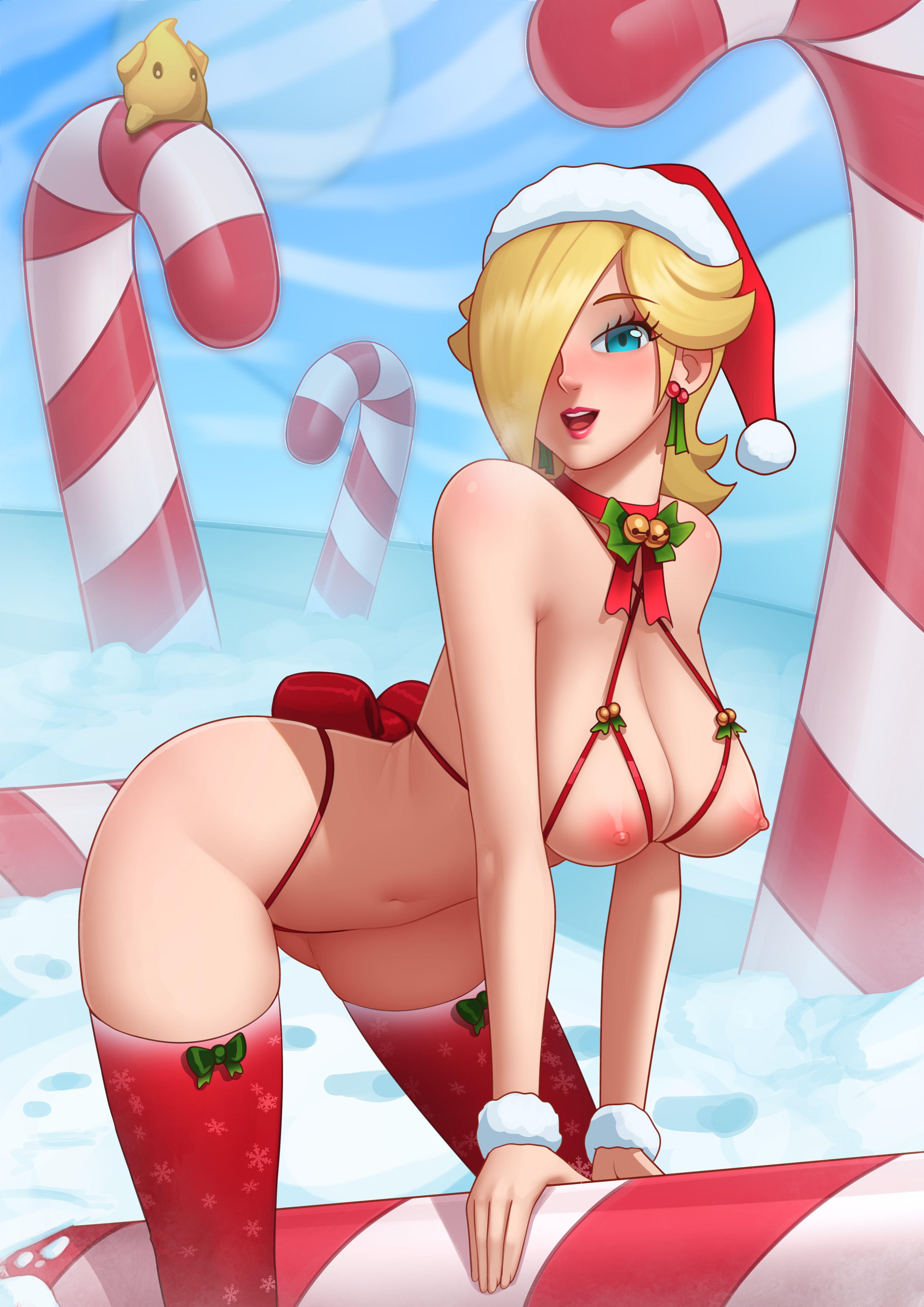 1girls, bell, bells, bent over, blonde hair, blue eyes, blush, blushing at viewer, bow, breasts, candy cane, christmas, christmas clothing, christmas outfit, cleavage, deilan12, female, female only, hair over one eye, looking at viewer, luma, mario (series), naked, neck ribbon, nintendo, nipples, nude, nude female, princess rosalina, ribbon, ribbons, santa hat, snow, solo, solo focus, thighhighs, topless