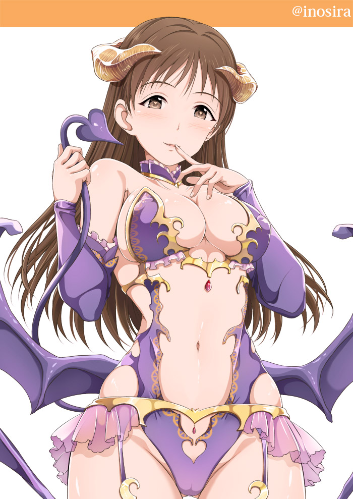 breasts, cameltoe, cleavage, cosplay, demon, demon girl, demon horns, demon tail, demon wings, fate (series), fate/grand order, female, halloween costume, halloween princess (fate/grand order), heart, heart-shaped pupils, holding own tail, horns, idolmaster, idolmaster cinderella girls, inoshira, irisviel von einzbern, irisviel von einzbern (cosplay), large breasts, long hair, low wings, navel, nitta minami, pussy, solo, succubus, symbol-shaped pupils, tail, wings