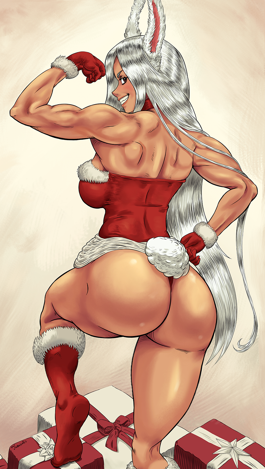 1girls animal_ears animal_tail ass back box breasts christmas clenched_hands dark-skinned_female dark_skin female female_only fur-trimmed_gloves fur-trimmed_legwear fur_trim gift gift_box gloves hand_on_hip highres large_breasts leg_up long_hair looking_at_viewer looking_back miruko muscular muscular_back muscular_female my_hero_academia playboy_bunny pose profile rabbit_ears rabbit_tail red_gloves red_legwear rumi_usagiyama santa_costume shiny shiny_hair shiny_skin smile socks solo solo_focus tail teeth thong tomboy tuomashart very_long_hair white_hair