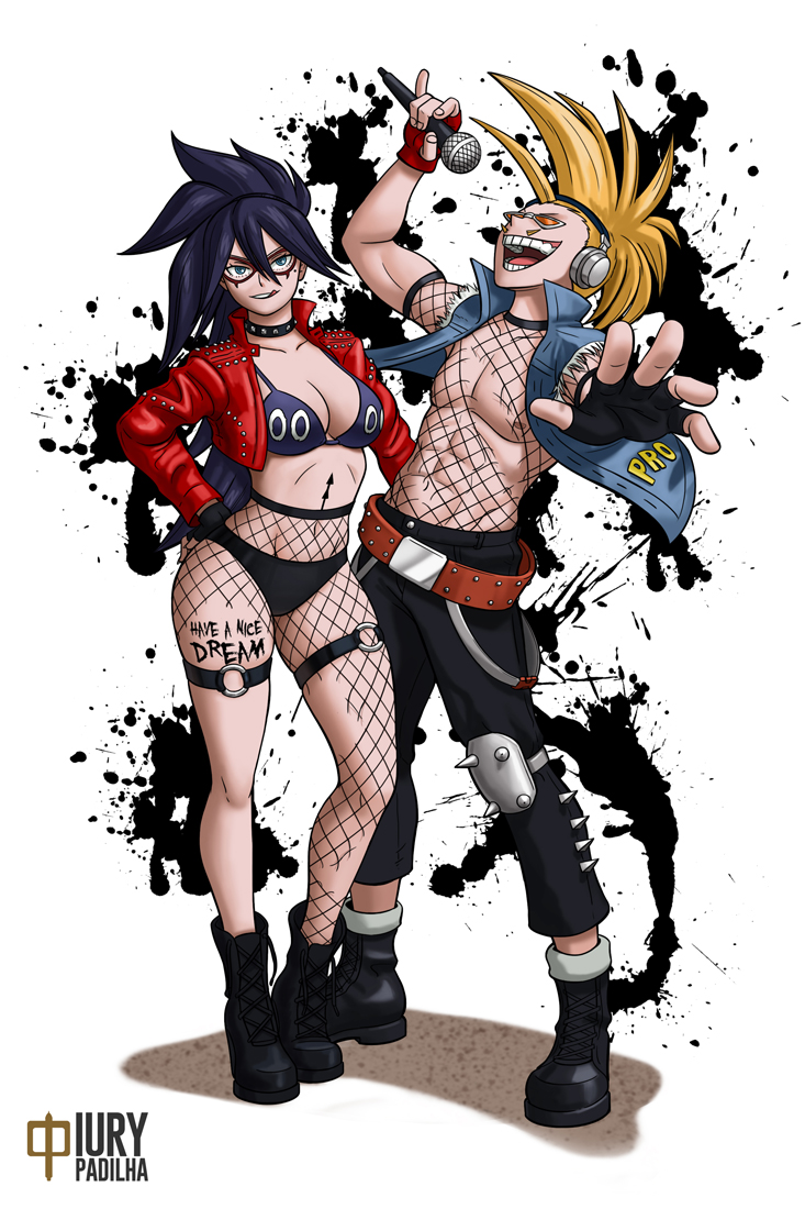 1girls abs bra cleavage clothed duo female fingerless_gloves fishnets glasses headphones hizashi_yamada iury_padilha jacket kayama_nemuri long_hair male microphone midnight_(my_hero_academia) my_hero_academia nemuri_kayama present_mic punk red_jacket revealing_clothes ripped_fishnets yamada_hizashi