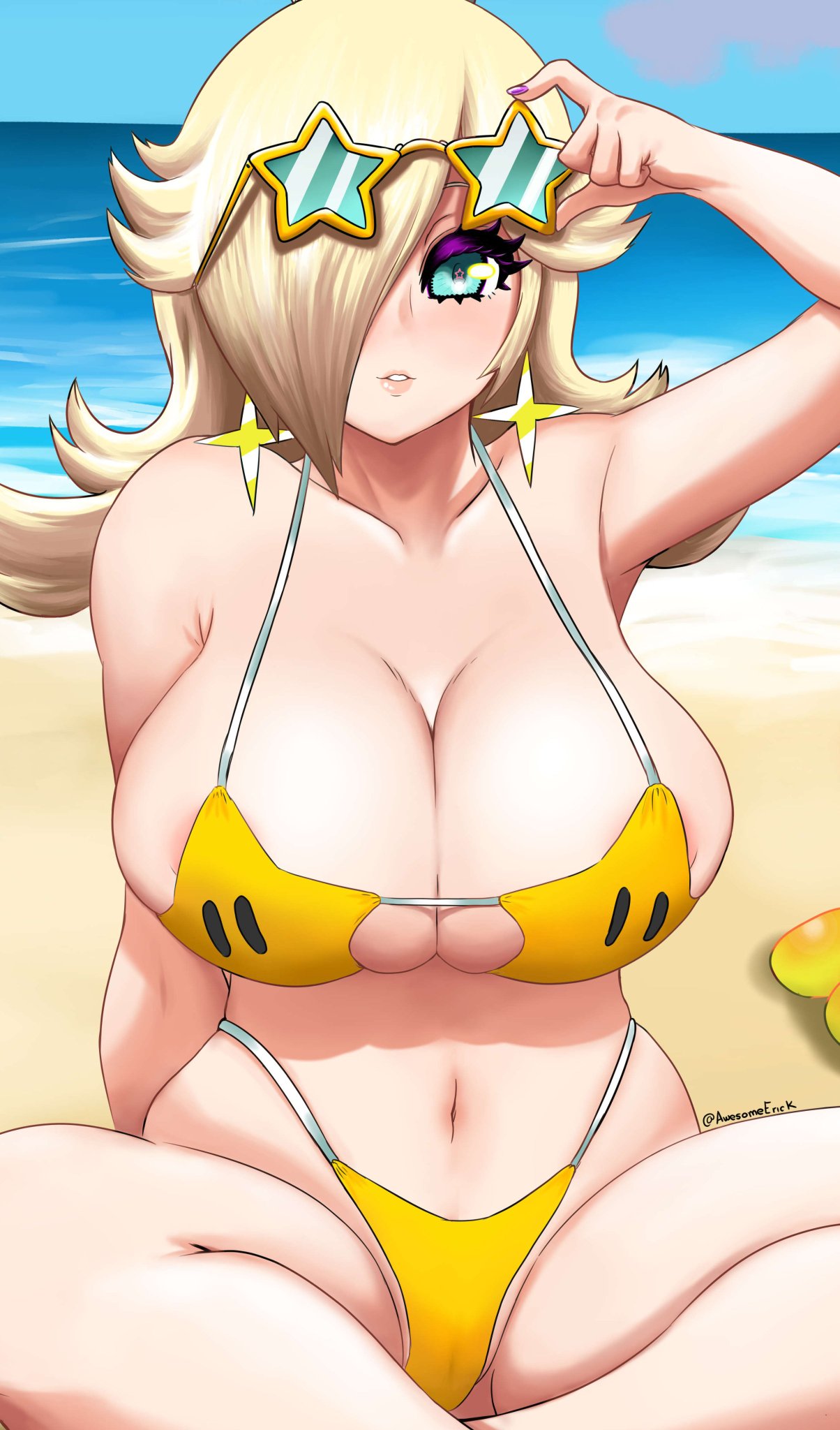 awesomeerix beach big_breasts bikini blonde_female earrings eyewear_on_head huge_breasts luma luma_bikini mario_(series) princess_rosalina star_bikini sunglasses_on_head super_mario_galaxy top_heavy voluptuous