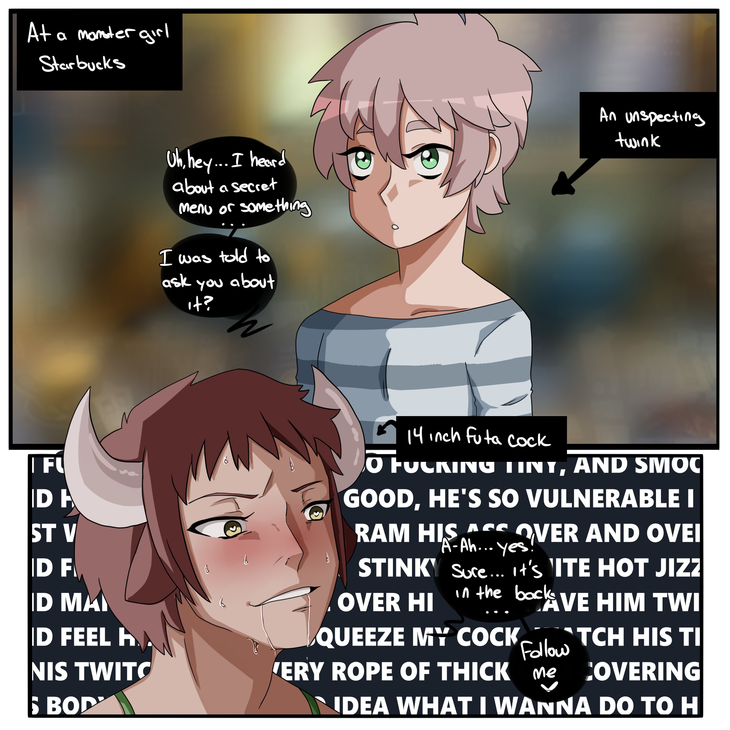 1boy, 1futa, breasts, clothed, clothing, comic, dialogue, drooling, duo, femboy, fully clothed, futanari, girly, heart-shaped pupils, horns, human, iced latte with breast milk, iced latte with dick milk, imminent rape, imminent sex, intersex, inuyuru, light skin, light-skinned futa, light-skinned male, male, meme, original, original character, pale skin, rape, standing, sweat, text