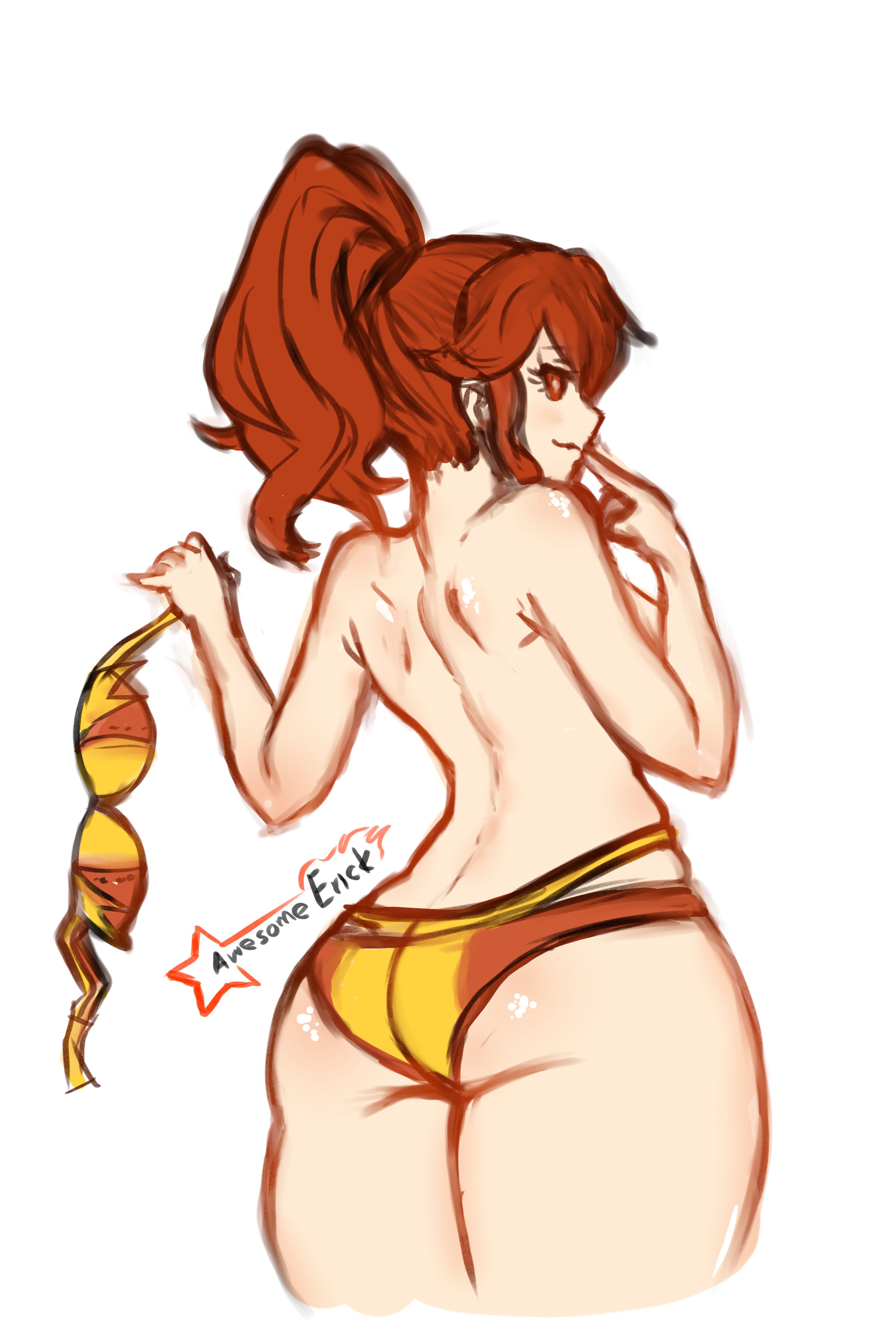 1girls, alternate costume, anna (fire emblem awakening), anna (fire emblem), ass, awesomeerix, back, back view, bare back, bare thighs, big ass, bikini, breasts, female, finger to face, finger to mouth, fire emblem, fire emblem awakening, looking back, nintendo, ponytail, solo, swimsuit, teasing, thick thighs, thighs, topless, undressing, yellow bikini, yellow swimsuit