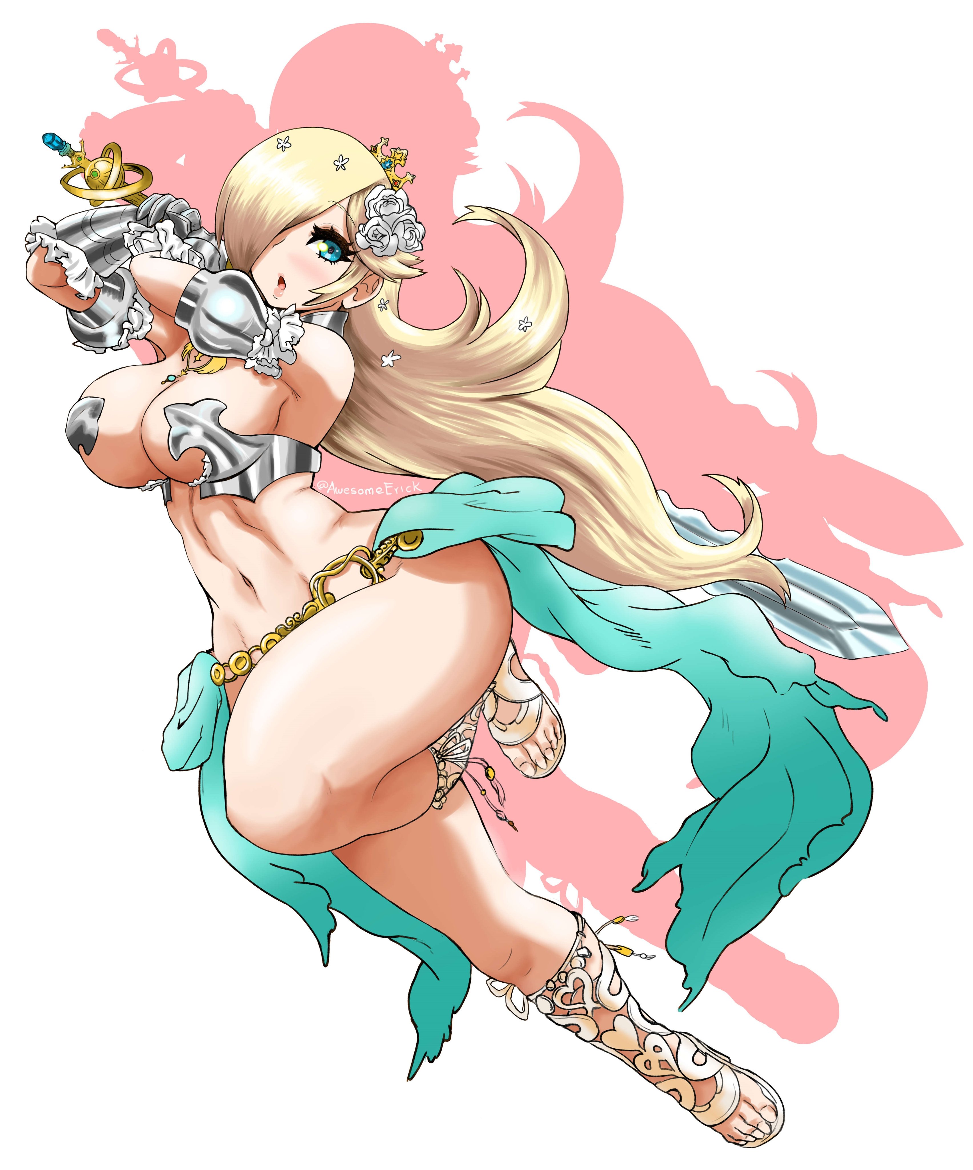 alternate costume, armor, awesomeerix, barefoot, bikini armor, code of princess, cosplay, feet, female, mario (series), princess rosalina, solange blanchefleur de lux, solange blanchefleur de lux (cosplay), soles, solo female, super mario galaxy, sword, thick thighs, toes