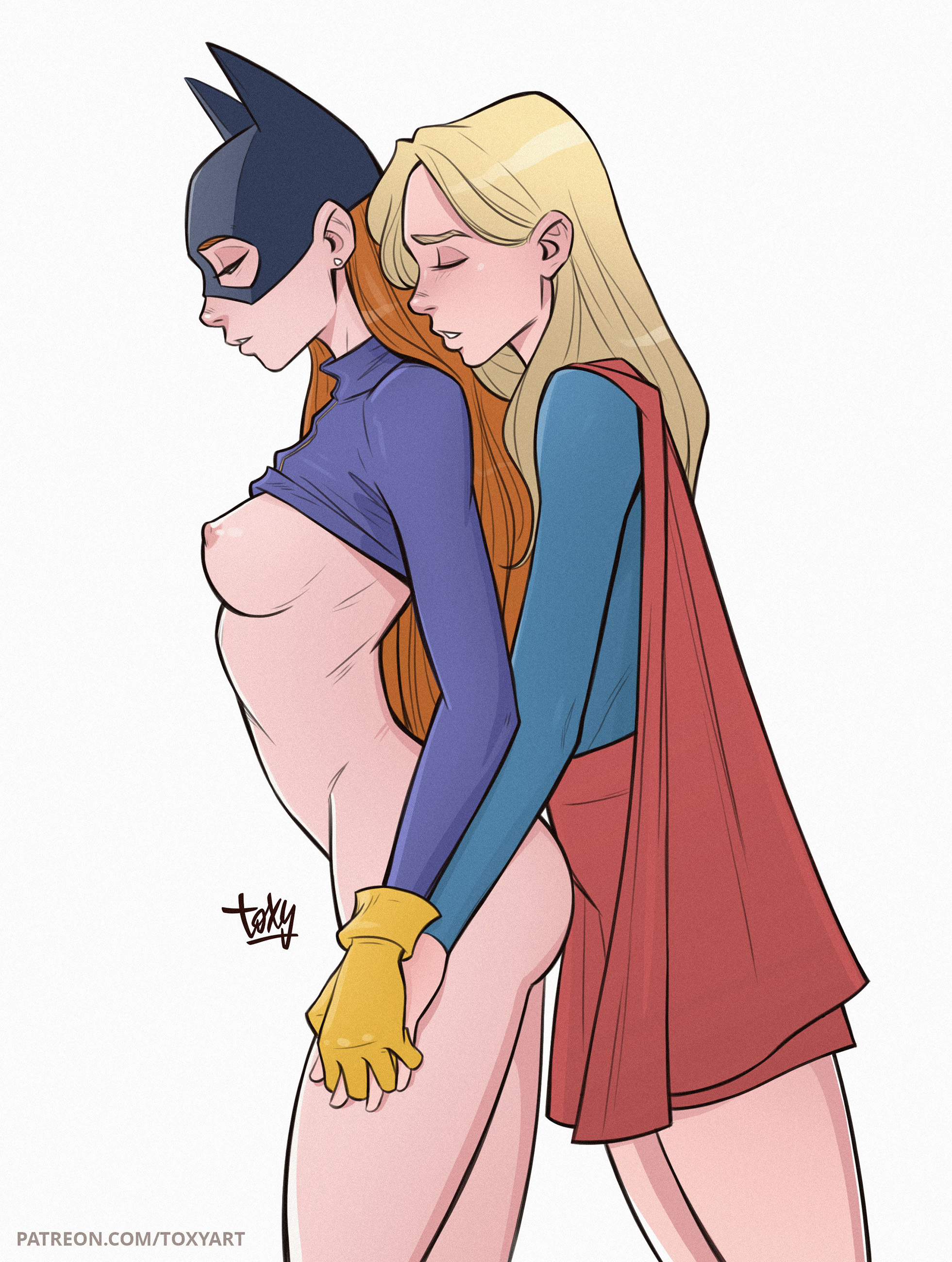 2girls, barbara gordon, batgirl, batgirl of burnside (comic), batman (series), blush, bottomless, breasts, dc, dc comics, female, female only, functionally nude, holding hands, kara danvers, kara zor-el, light skin, light-skinned female, medium breasts, multiple females, multiple girls, shirt up, side view, sideboob, supergirl, superman (series), toksie, yuri