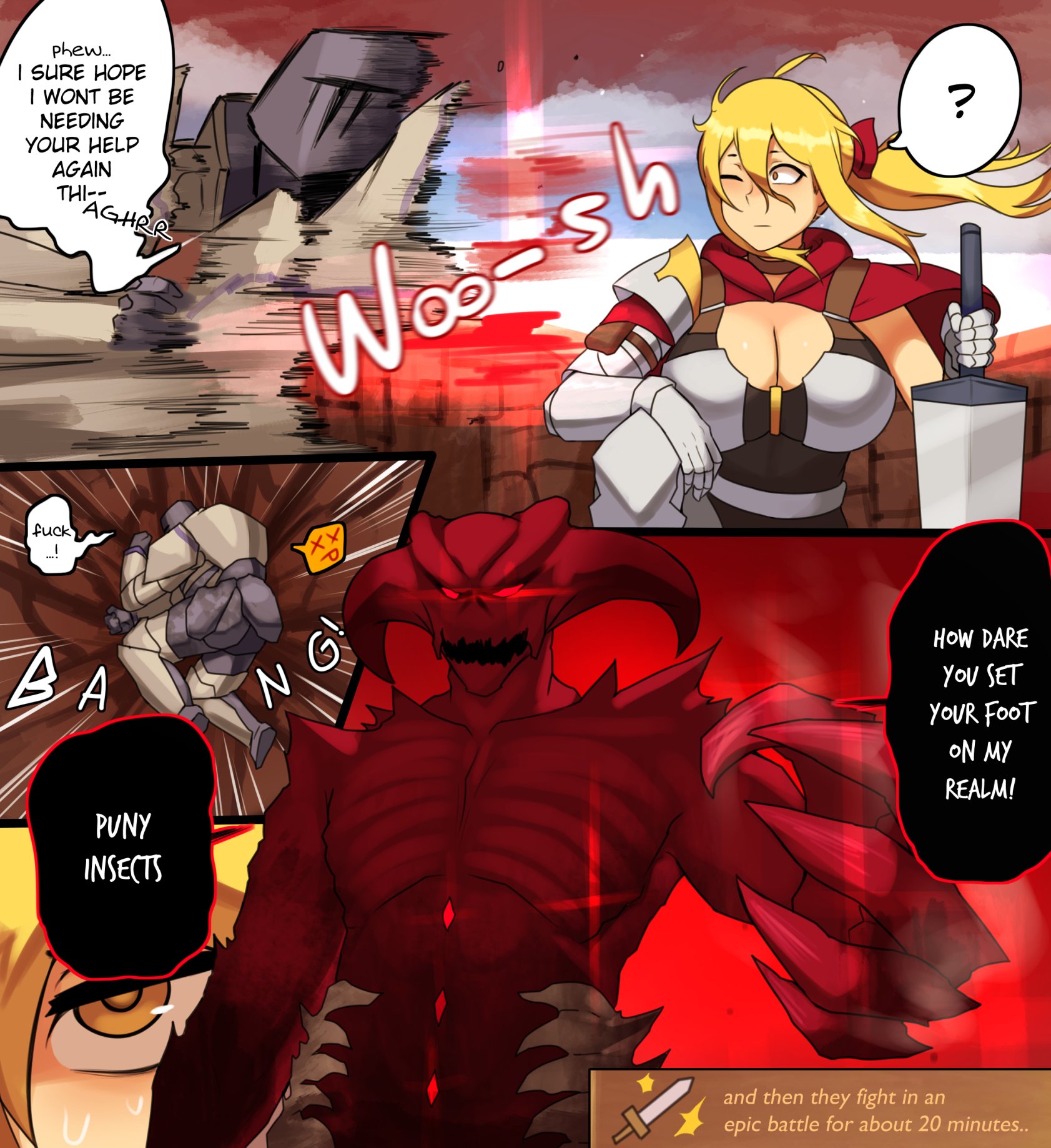 1boy, 1girls, armor, big breasts, blonde hair, breasts, chikaretsu, comic, demon, dialogue, english text, female, female human, fully clothed, gold eyes, huge breasts, human, knight, light skin, long hair, lune (chikaretsu), male, one eye closed, original, original character, ponytail, red eyes, red skin, speech bubble, text, yellow eyes
