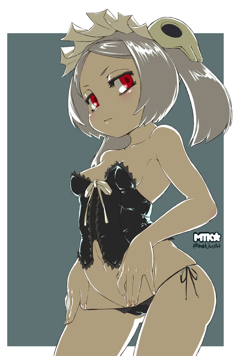 1girls black_panties bloody_marie bra breasts female lace lace-trimmed_panties mtk_hoshi panties ponytails skullgirls solo string_panties thick_thighs undressing video_games