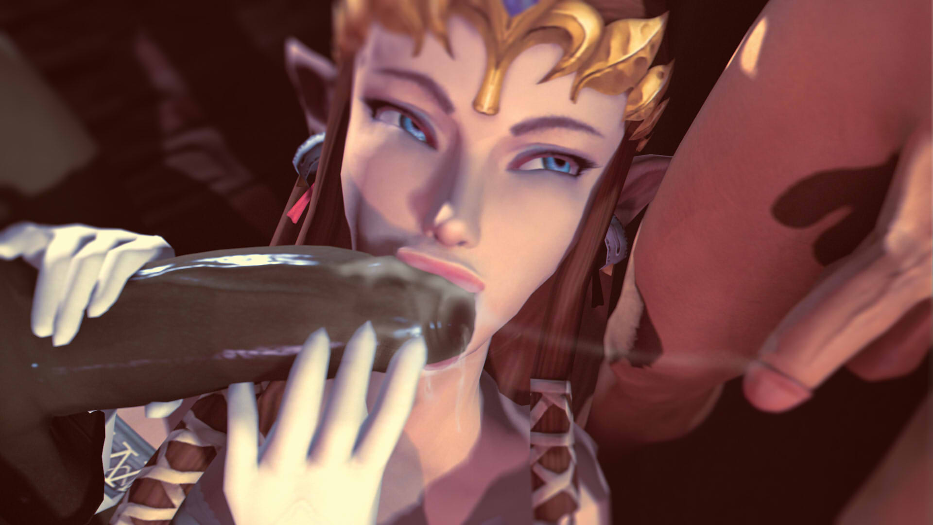 16:9, 1girls, 2boys, 3d, 3d (artwork), big penis, blowbang, blowjob, blue eyes, brown hair, dark skin, dark-skinned male, faceless male, fellatio, female, gangbang, ganondorf, green skin, handjob, huge cock, hylian, interracial, leeterr, link, male, oral, oral sex, penis, penis size difference, pointy ears, princess zelda, saliva, sfm, small penis, small penis humiliation, the legend of zelda, twilight princess, zelda (twilight princess)