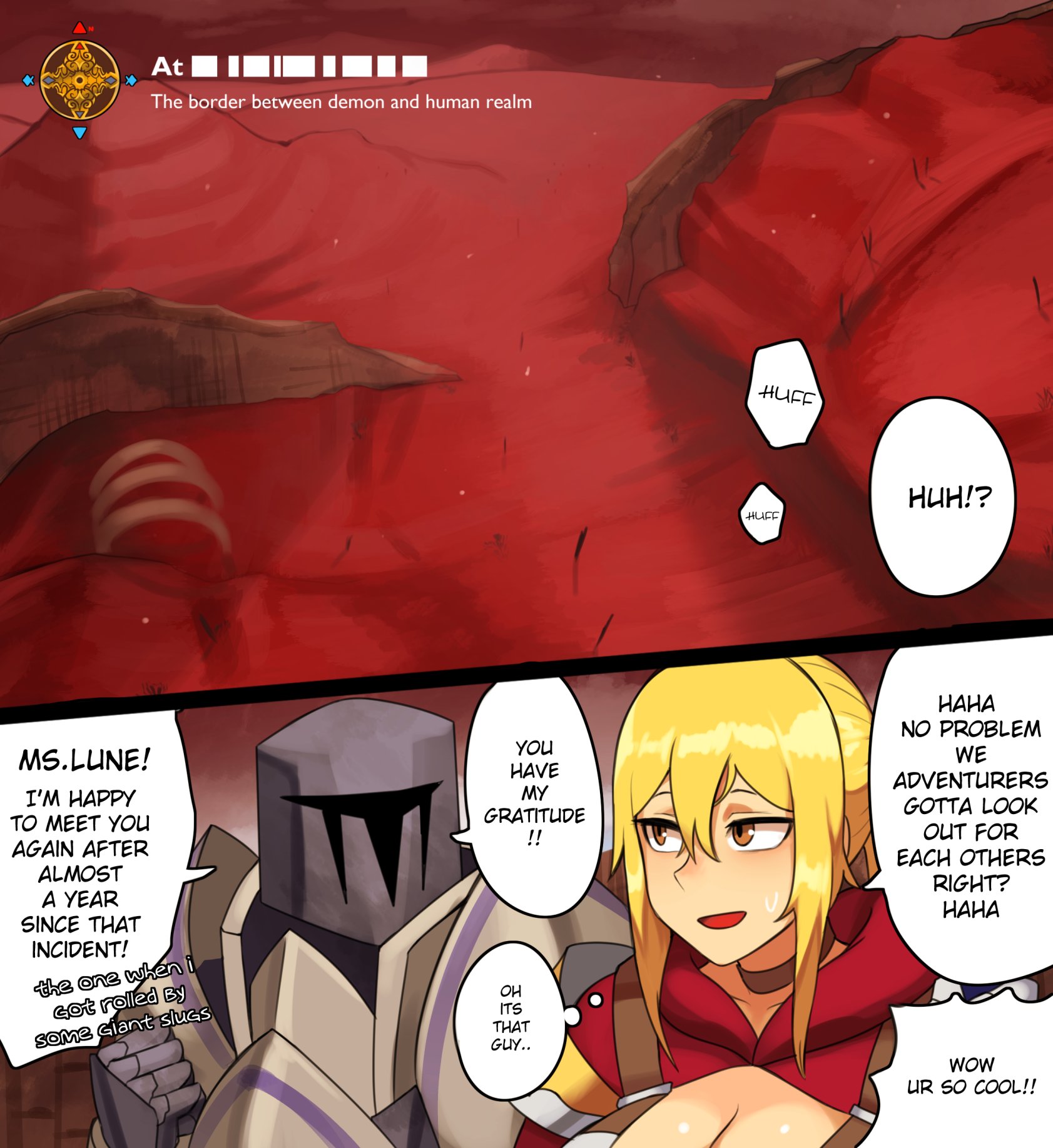 1boy, 1girls, armor, big breasts, blonde hair, breasts, chikaretsu, comic, dialogue, english text, female, female human, fully clothed, gold eyes, huge breasts, human, knight, long hair, lune (chikaretsu), male, orange eyes, original, original character, ponytail, speech bubble, text, yellow eyes