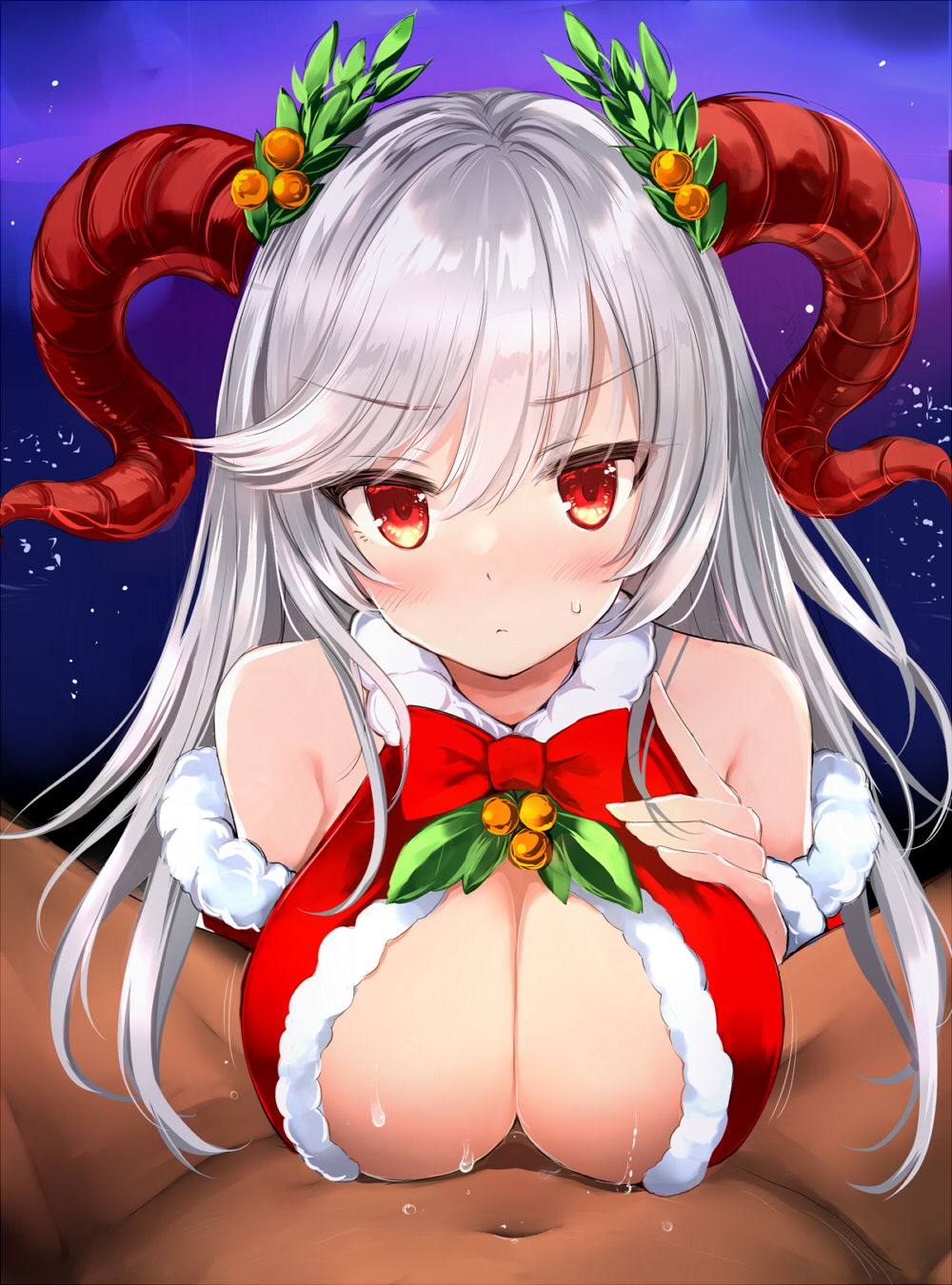 1boy 1girls alternate_costume angry blue_background blue_eyes blush breasts christmas christmas_ornaments christmas_outfit cleavage cleavage_cutout closed_mouth clothed_sex cloud cloudy_sky dark-skinned_male dark_skin demon_girl female female_focus fire_emblem fire_emblem_heroes freyja_(fire_emblem) frown glaring hair_ornament highres horns kumakou large_breasts light-skinned_female light_skin long_hair looking_at_viewer necktie night nintendo paizuri pov red_eyes red_horns red_necktie silver_hair sky solo_focus straight sweat textless white_hair