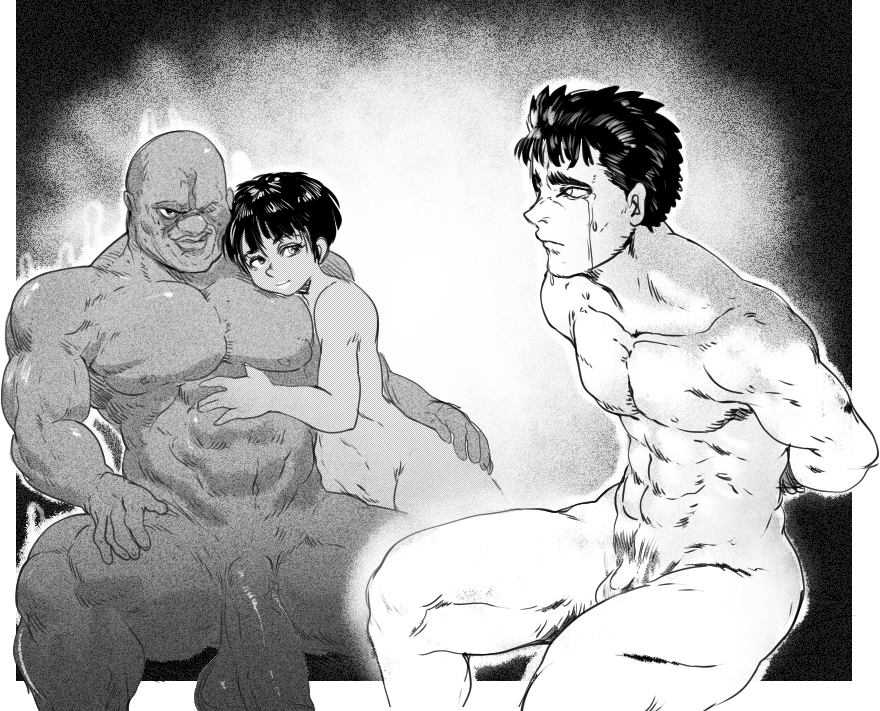 1girls 2boys 2boys1girl berserk big_balls big_penis black_and_white broken_rape_victim casca cheating cheating_female cheating_girlfriend cuckold cuckolding dark-skinned_male donovan_(berserk) forced_to_watch guts_(berserk) human interracial massive_penis monochrome muscular muscular_male netorare ntr one_eyed penis penis_size_difference pubic_hair raizengax riderx short_hair small_penis_humiliation smaller_penetrated sph