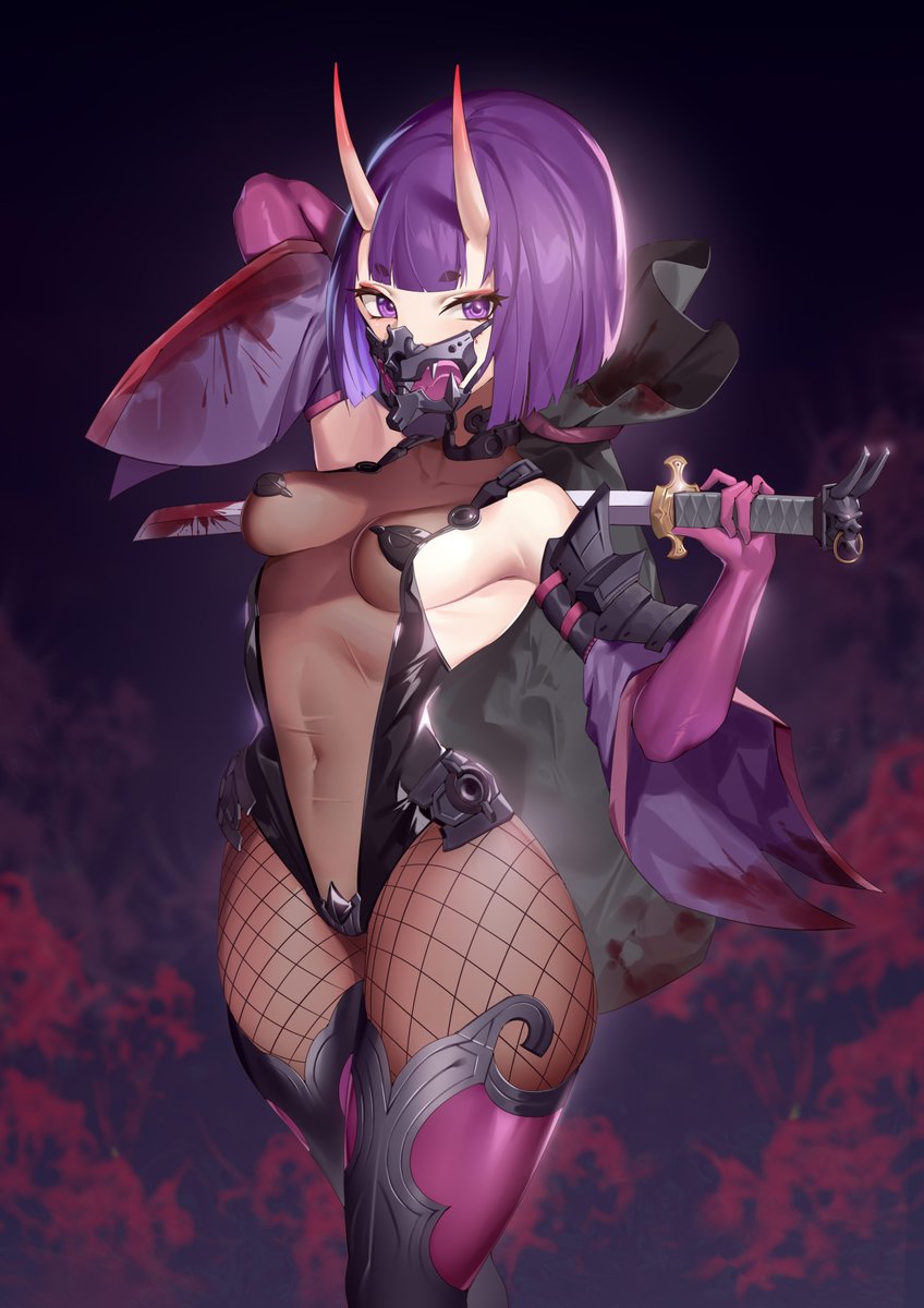 1girls, arms behind back, fate (series), fate/grand order, female, fishnet legwear, horns, jingb dx, looking at viewer, no bra, purple hair, see-through clothing, shuten douji (fate), sword