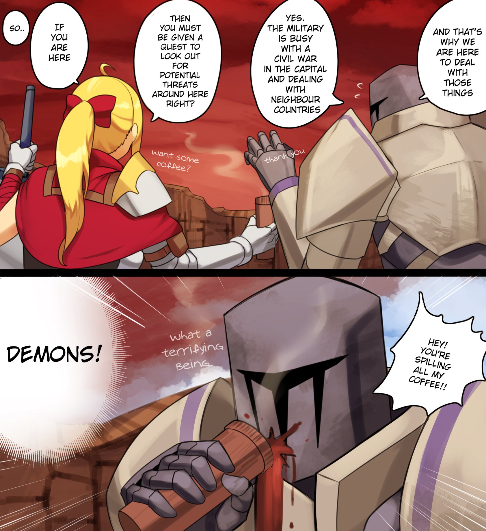 1boy, 1girls, armor, big breasts, blonde hair, breasts, chikaretsu, comic, dialogue, drink, english text, female, female human, gold eyes, huge breasts, human, knight, long hair, lune (chikaretsu), male, original, original character, ponytail, speech bubble, spilled drink, text