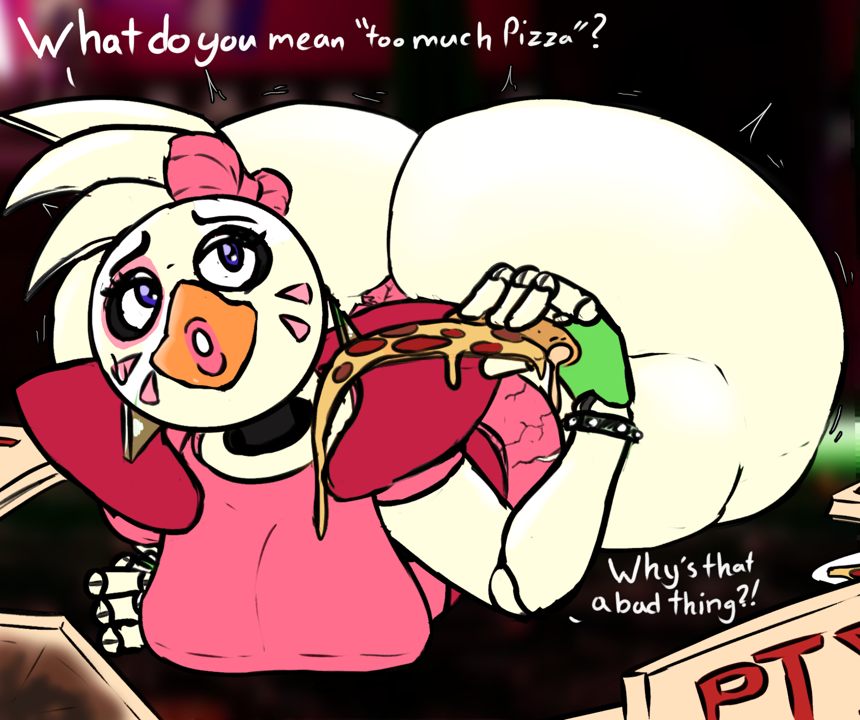 ass, ass bigger than head, ass focus, big ass, bow, earrings, female, female only, five nights at freddy's, five nights at freddy's: security breach, glamrock chica (fnaf), gokusenpai, huge ass, hyper ass, laying on stomach, makeup, pizza, pizza box, pursed lips, robot, robot girl, sideass, solo, tagme, text, thick ass, thick thighs