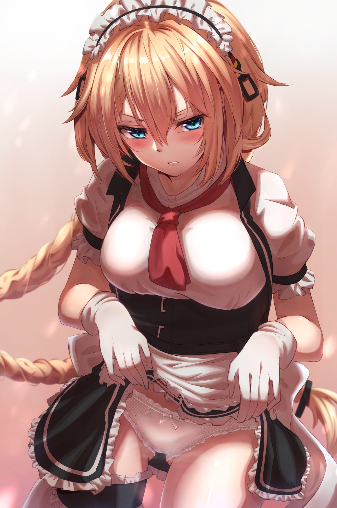 apron, black dress, blonde hair, blue eyes, blush, braid, breasts, clothes lift, commentary request, cowboy shot, dress, female, frilled dress, frills, frown, g36 (girls' frontline), girls' frontline, glaring, gloves, gluteal fold, hair between eyes, highres, iya na kao sare nagara opantsu misete moraitai, lifted by self, long hair, looking at viewer, maid, maid headdress, medium breasts, panties, puffy sleeves, red neckwear, short sleeves, skirt, solo, underwear, very long hair, white gloves, white panties, xlscaler