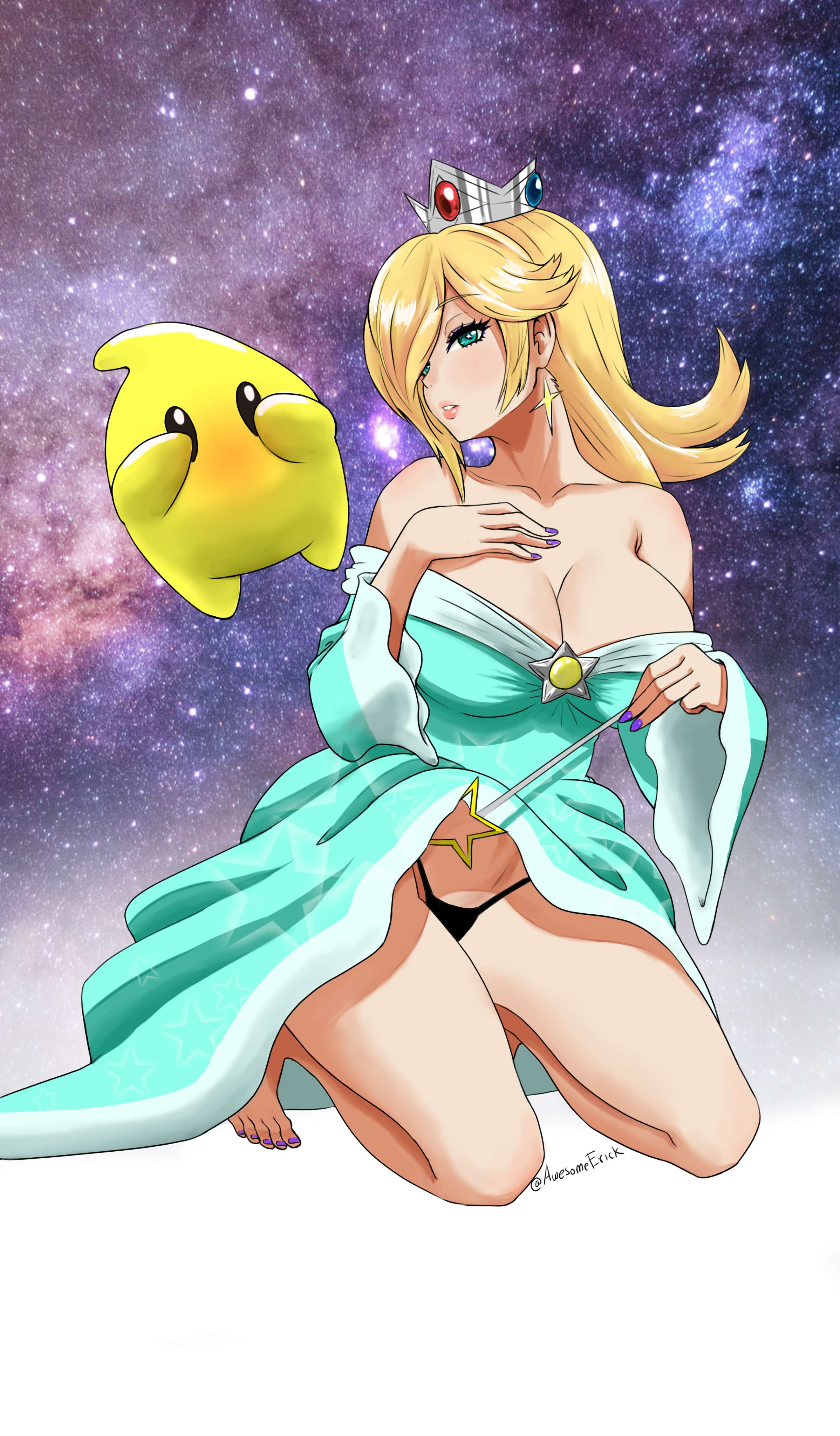 1girls, awesomeerix, barefoot, blonde female, blonde hair, blue eyes, breasts, cleavage, crown, dress, dress lift, female, female only, kneeling, large breasts, luma, mario (series), panties, princess rosalina, solo, super mario galaxy