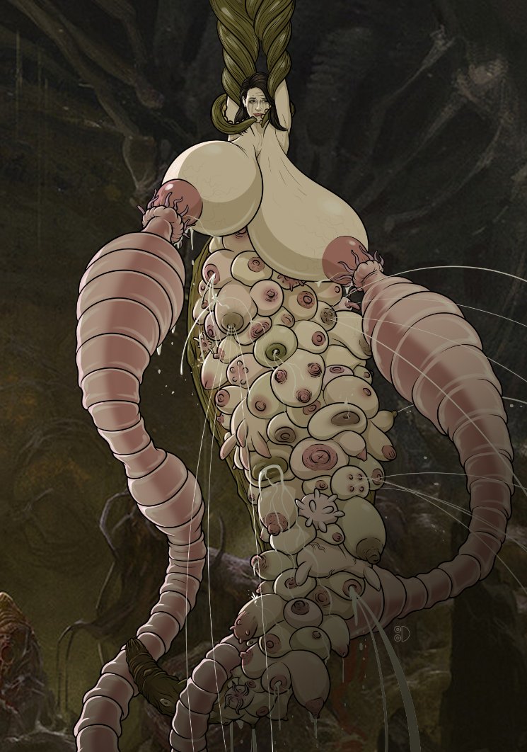 bodily fluids, body horror, breasts, female, female focus, female only, forced, forced transformation, jabba's palace, lactation, milking, multi breast, nipples, restrained, suspended, suspension, tittydispenser, transformation, what