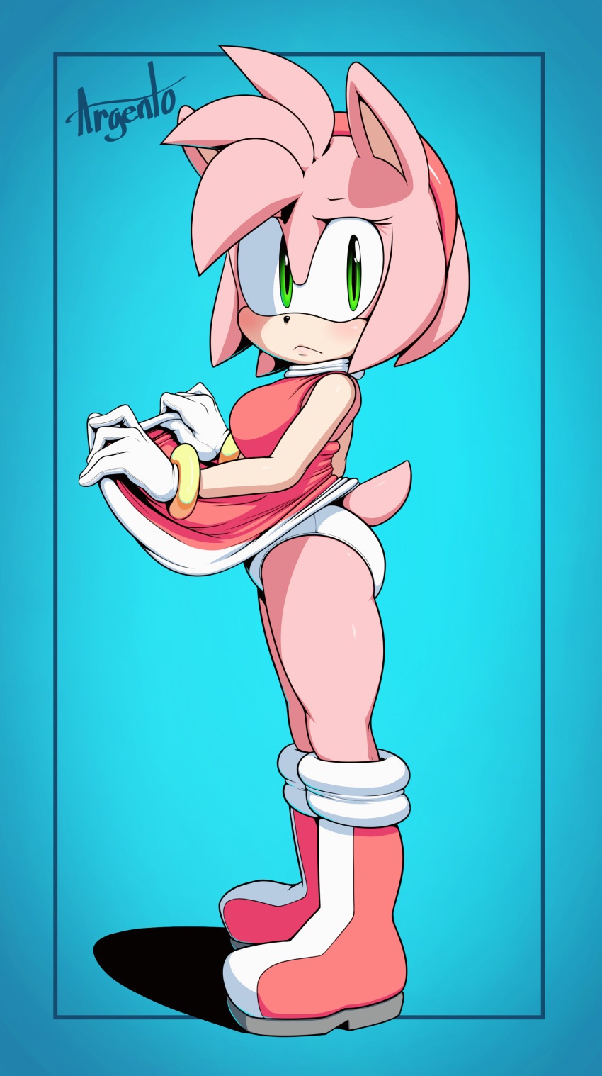 1girls 5_fingers amy_rose anthro argento ass blush boots clothed clothing dress dress_lift female female_only furry gloves green_eyes hairband panties pink_fur pink_hair plain_background side_view sideboob signature solo sonic_(series) tail thick_thighs underwear