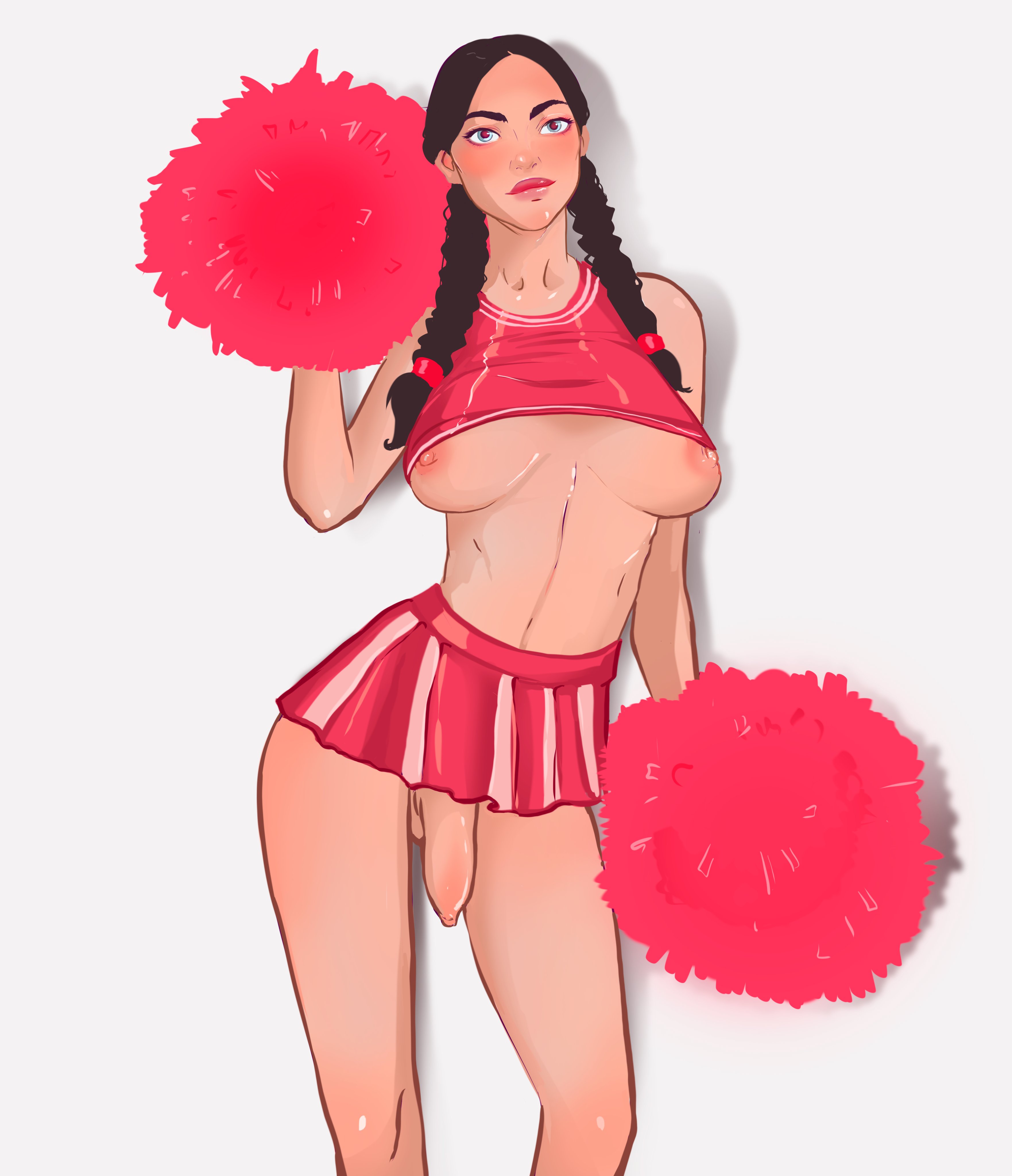 1futa, areolae, big breasts, breasts, cheerleader, cheerleader uniform, clothed, clothing, flaccid, foreskin, futa only, futanari, hacartcomm, human, intersex, light skin, light-skinned futa, nipples, partially clothed, penis, skirt, solo, standing, tagme, uncircumcised, underboob, upskirt