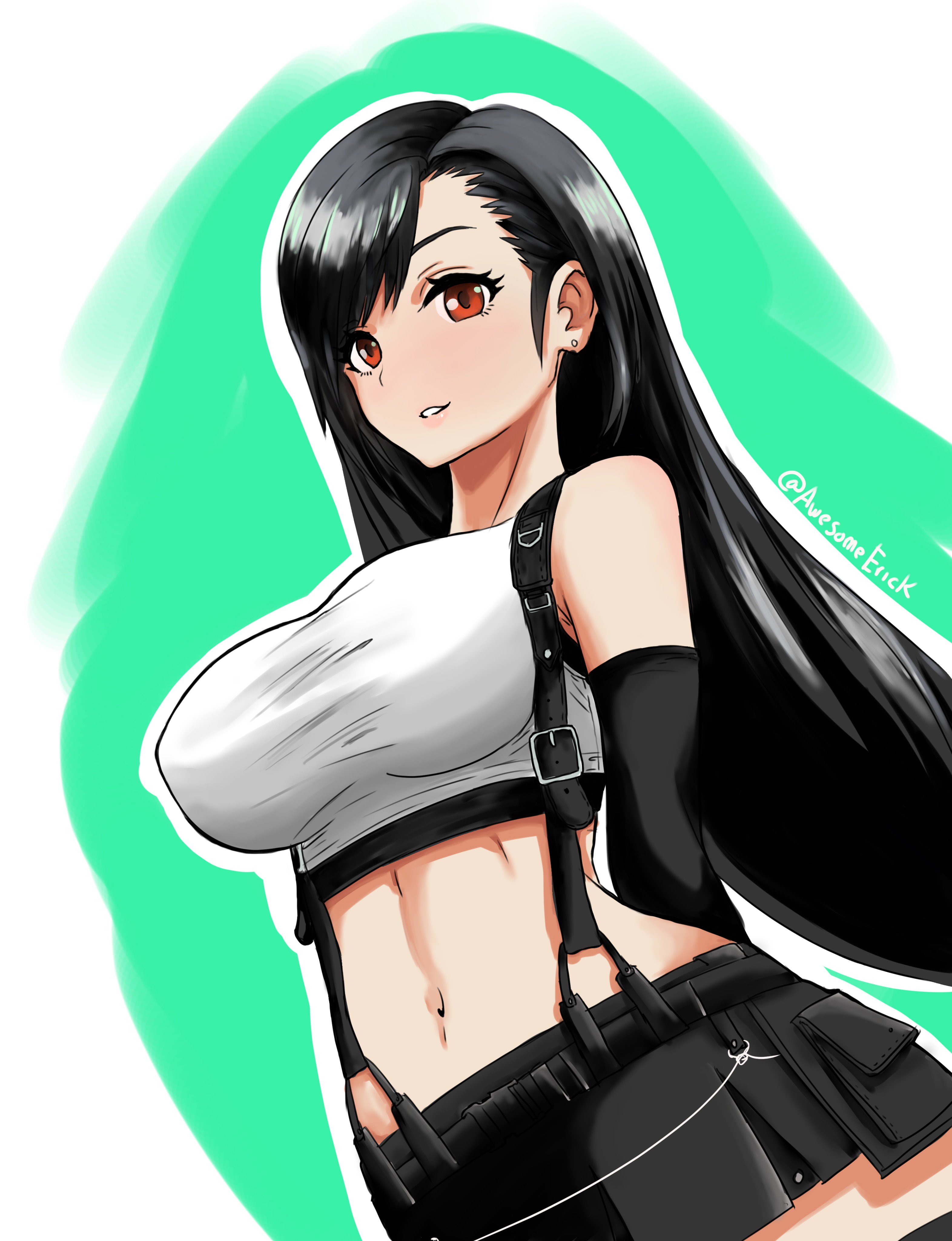 1girls, awesomeerix, black hair, breasts, clothed, crop top, female, female only, final fantasy, final fantasy vii, final fantasy vii remake, large breasts, long hair, looking at viewer, red eyes, skirt, smile, solo, suspenders, thighhighs, tifa lockhart