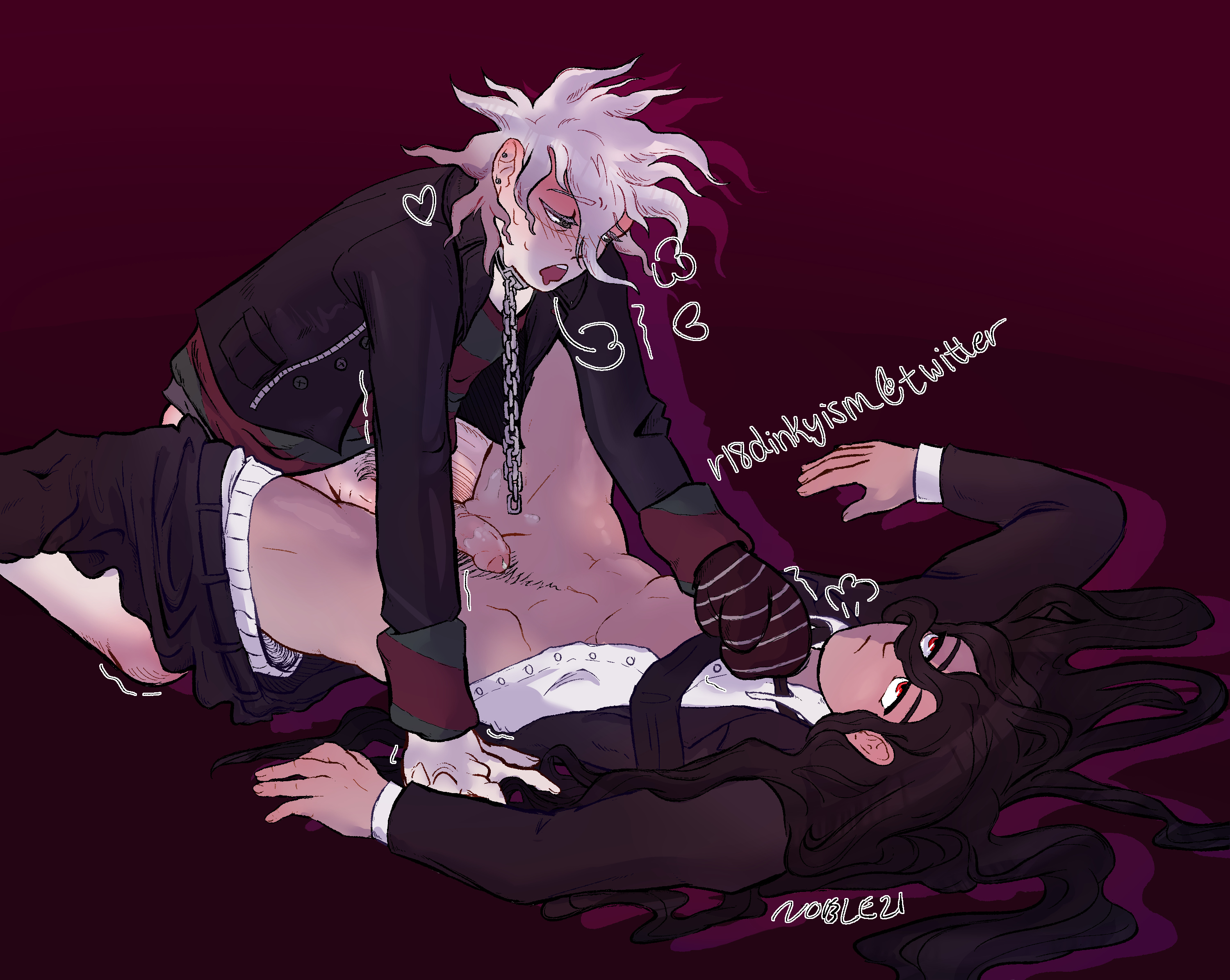 2boys, black hair, clothed, clothed sex, danganronpa, danganronpa ultra despair girls, gay, izuru kamukura, long hair, long-haired male, male, male focus, male only, male penetrated, male penetrating, male/male, missionary position, nagito komaeda, r18dinkyism, servant (danganronpa), straight hair, uninterested, white hair, yaoi