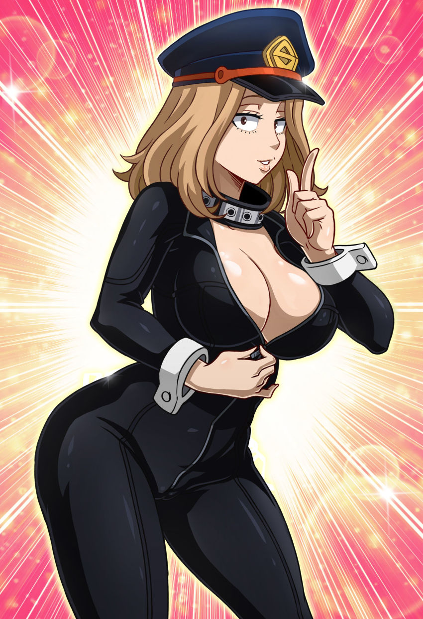 1girls, 2021, 2d, 2d (artwork), ass, aura, big breasts, blonde hair, blonde-haired female, breasts, bright background, brown eyes, cameltoe, camie utsushimi, cleavage, collar, female, female only, hat, hero outfit (mha), human, human only, large breasts, light skin, light-skinned female, looking at viewer, medium hair, mostly clothed, my hero academia, pussy, questionable, realistic proportions, sano-br, shiketsu high school cap, shushing, solo, solo female, superheroine, teenage female, teenager, wrist cuffs