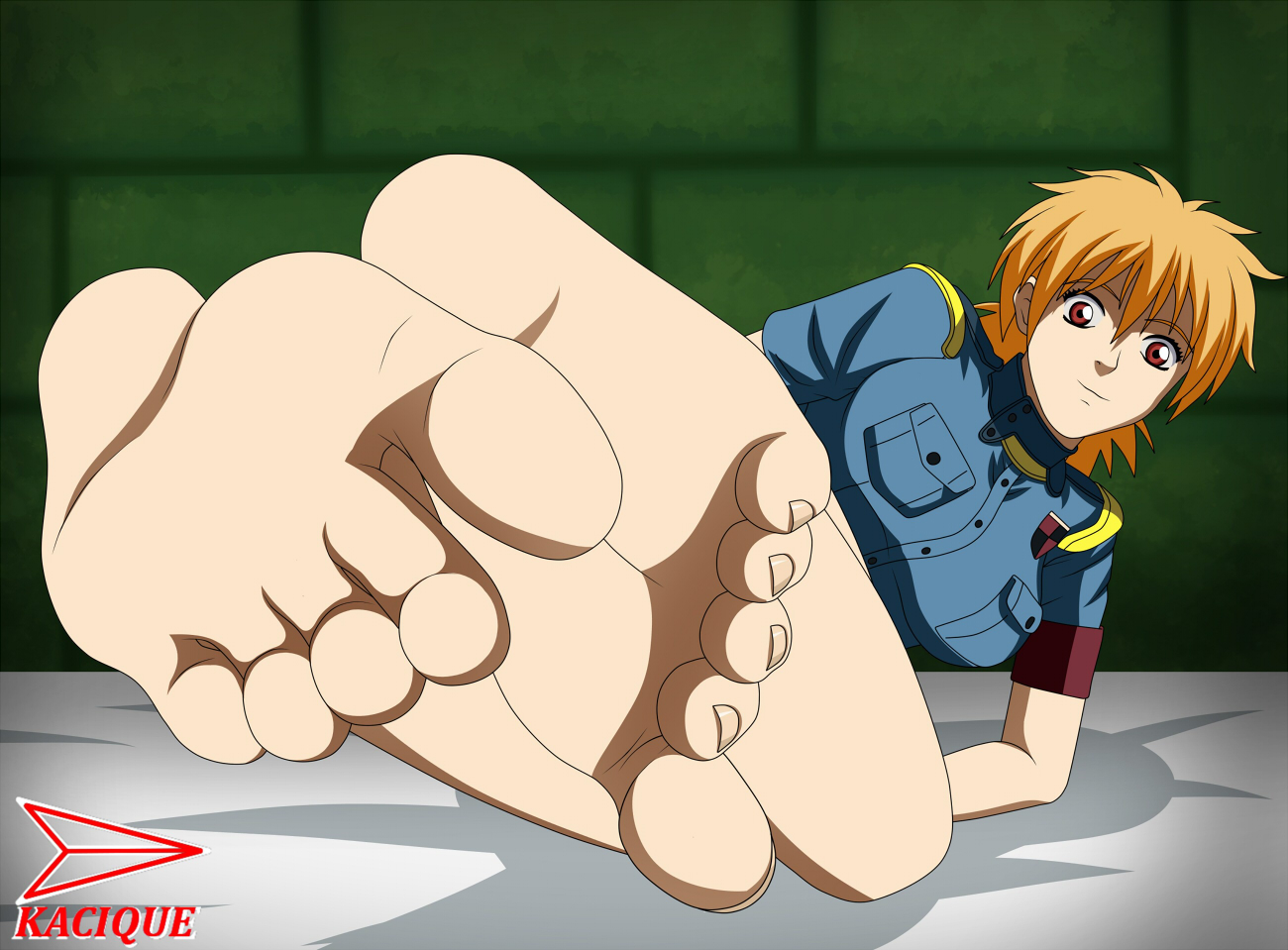 barefoot, bed, feet, feet together, female, foot fetish, foot focus, hellsing, kacique, orange hair, red eyes, seras victoria, short hair, soles, solo female, toes