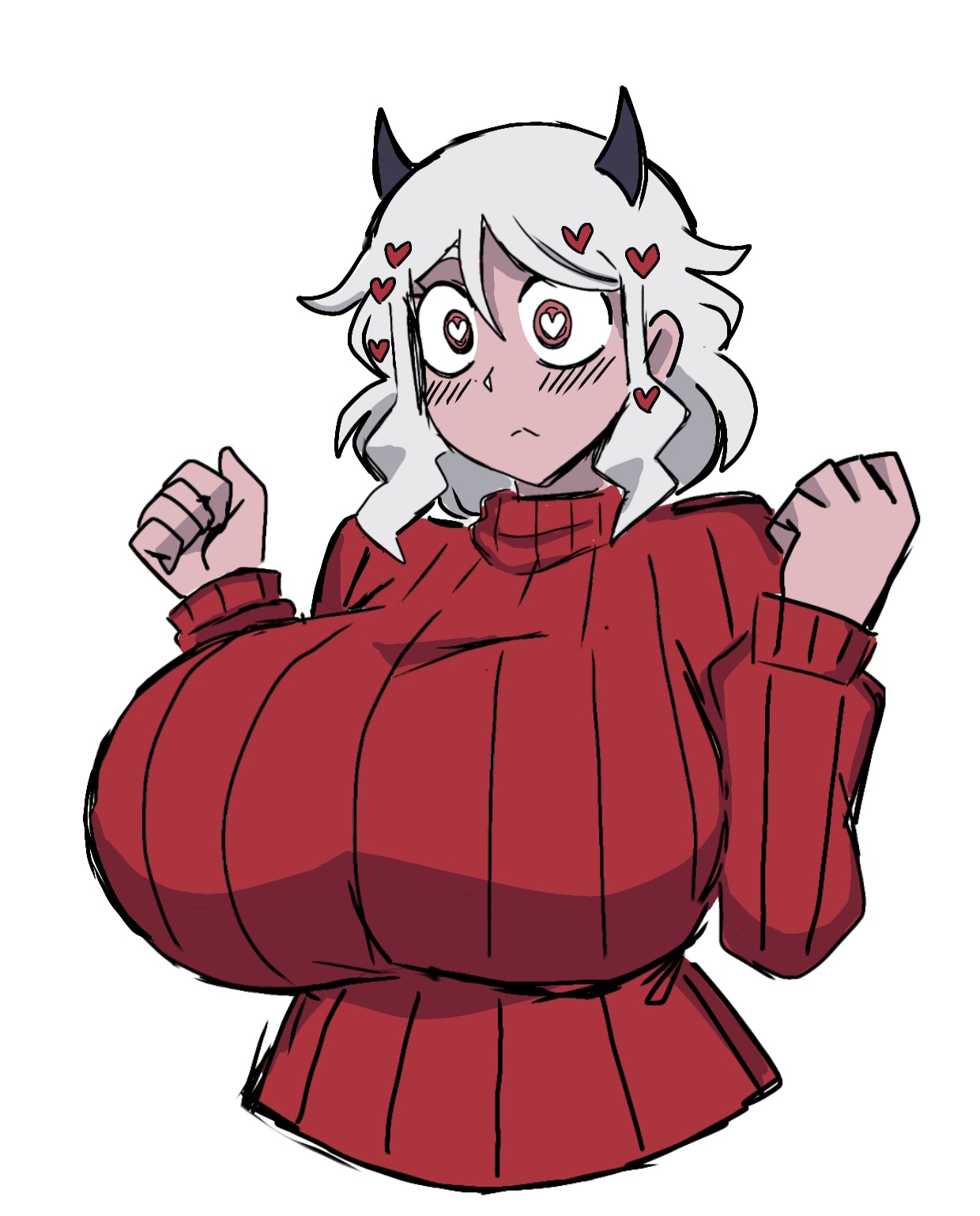 big breasts, breasts, breasts bigger than head, demon, demon girl, female, heart-shaped pupils, helltaker, huge breasts, large breasts, modeus (helltaker), momiji (artist), red sweater, straight hair, sweater, then she breaks your legs