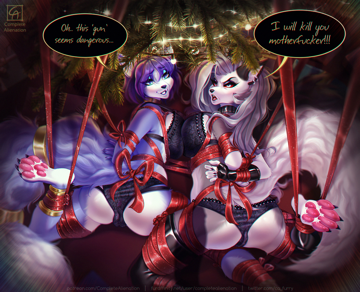 4 toes, angry, anthro, ass, bondage, bra, breast squish, breasts, cameltoe, canid, canid demon, canine, canis, captured, christmas, christmas tree, claws, clothed, clothing, collar, completealienation, demon, digital drawing (artwork), digital media (artwork), digital painting (artwork), duo, duo focus, ear piercing, feet, female, finger claws, fingers, fox, furry, gloves, group, handwear, harness, hellhound, helluva boss, holidays, krystal, latex gloves, latex legwear, latex stockings, lingerie, loona (helluva boss), mammal, mythological canine, mythological creature, mythology, nintendo, panties, pawpads, paws, piercing, pink pawpads, plant, pussy, spread legs, spreading, squish, star fox, tag panic, tail, text, toe claws, toes, translucent, translucent clothing, tree, underwear, video games, wolf