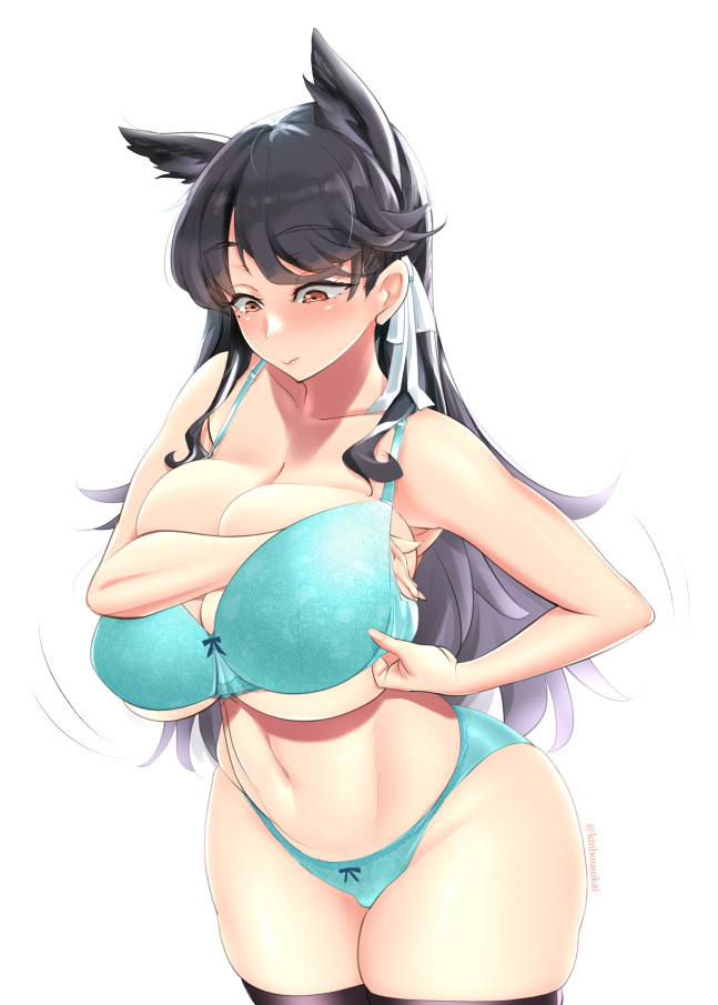 1girls animal_ears aqua_bra aqua_panties artist_name atago_(azur_lane) azur_lane black_hair black_legwear blush bra breast_press breasts eyebrows_visible_through_hair female hair_ribbon huge_breasts konmori_(kinbou_sokai) light-skinned_female light_skin lingerie long_hair orange_hair panties ribbon sakura_empire_(azur_lane) simple_background skindentation solo standing thighhighs underwear white_background white_ribbon