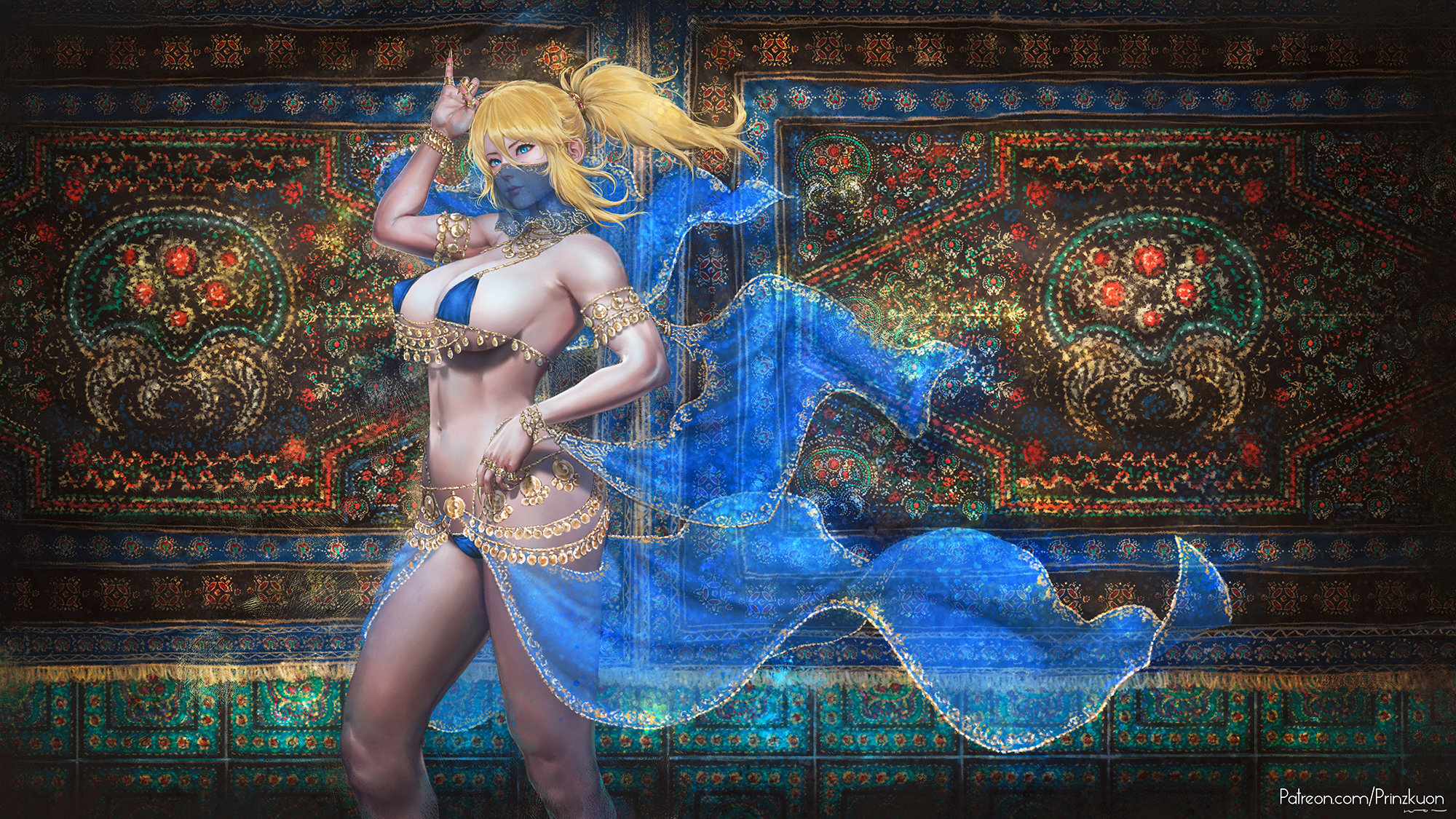 1girls, belly dancer, belly dancer outfit, blonde hair, blue eyes, breasts, cameltoe, female, harem outfit, jewelry, large breasts, light skin, light-skinned female, metroid, nintendo, pinup, ponytail, prinzkuon, pussy, samus aran, solo, solo female, string bikini, string panties, tied hair, veil