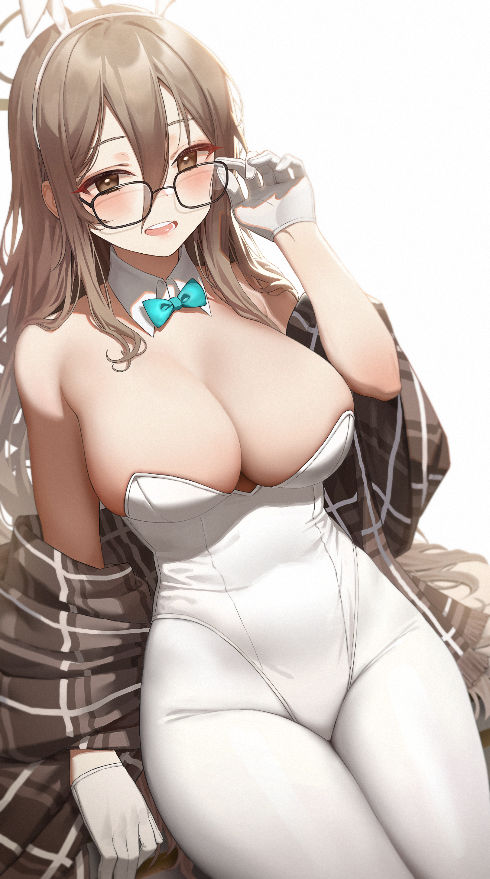 1girls, absurdres, akane (blue archive), akane (bunny) (blue archive), animal ears, bangs, bare shoulders, blue archive, blush, bow, bowtie, breasts, brown eyes, bunnysuit, cleaning & clearing (blue archive), detached collar, fake animal ears, female, female only, glasses, gloves, hair between eyes, halo, hand up, highres, large breasts, leotard, light brown hair, long hair, looking at viewer, millennium science school student, mochirong, open mouth, pantyhose, plaid, plaid scarf, playboy bunny, rabbit ears, scarf, sidelocks, sleeveless, smile, solo, standing, strapless, strapless leotard, white gloves, white legwear, white leotard
