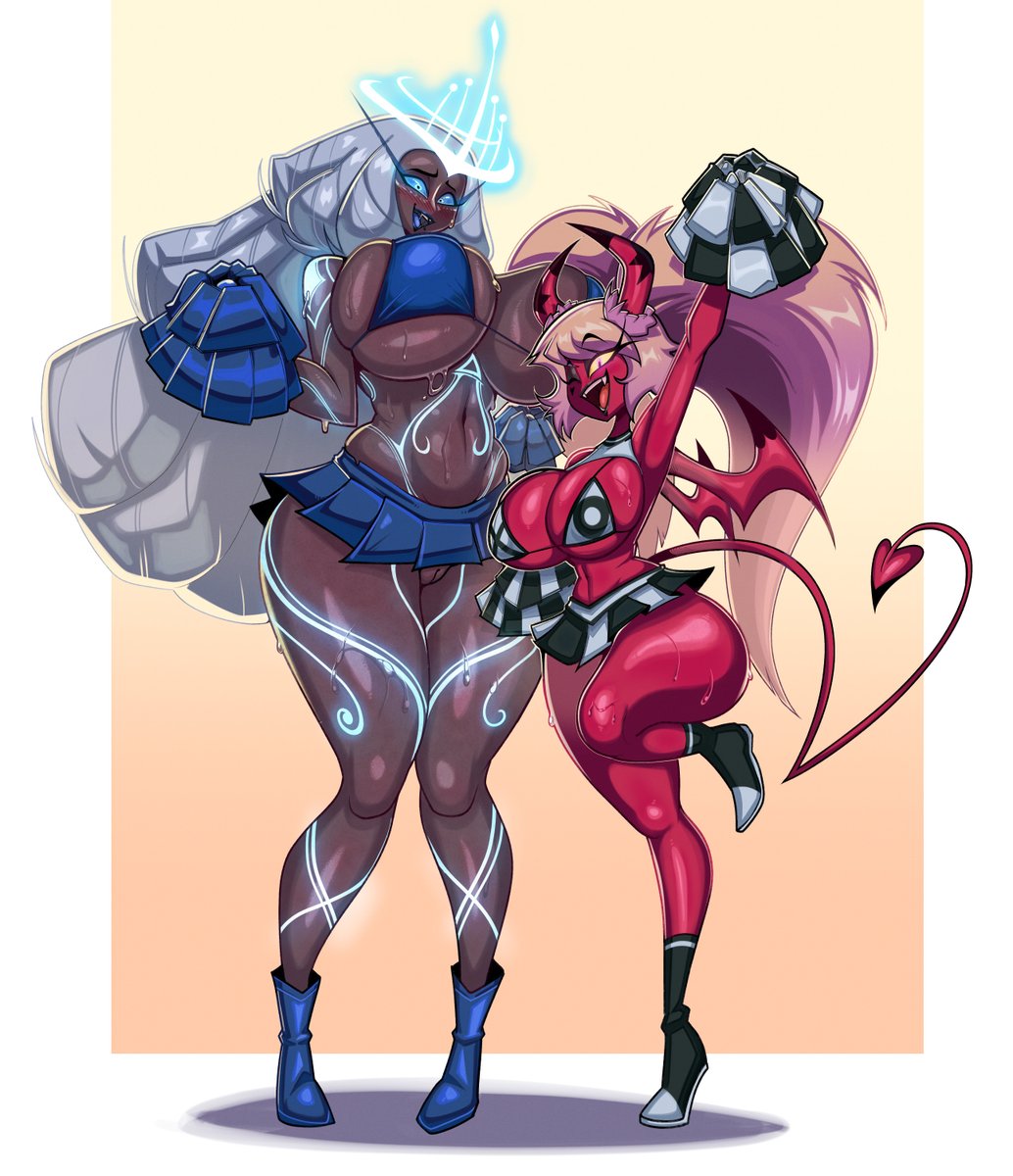 1angel, 1demon, 2girls, angel, angel girl, big breasts, big hair, blue lips, blue lipstick, blue markings, blush, bra, cheerleader, cheerleader costume, cheerleader outfit, cheerleader uniform, cheerleading uniform, clenched teeth, demon, demon girl, demon horns, demon tail, demon wings, embarrassed, embarrassed female, fangs, glowing markings, grey skin, hazbin hotel, hellaverse, helluva boss, huge breasts, markings, markings on body, pink skin, pom poms, pussy, revealing clothes, sera (hazbin hotel), seraph, seraph (angel), shy, shy expression, skirt, stormrayneart, succubus, succubus horns, succubus tail, succubus wings, sweating, tagme, tall female, thick thighs, vagina, verosika mayday (helluva boss), white hair