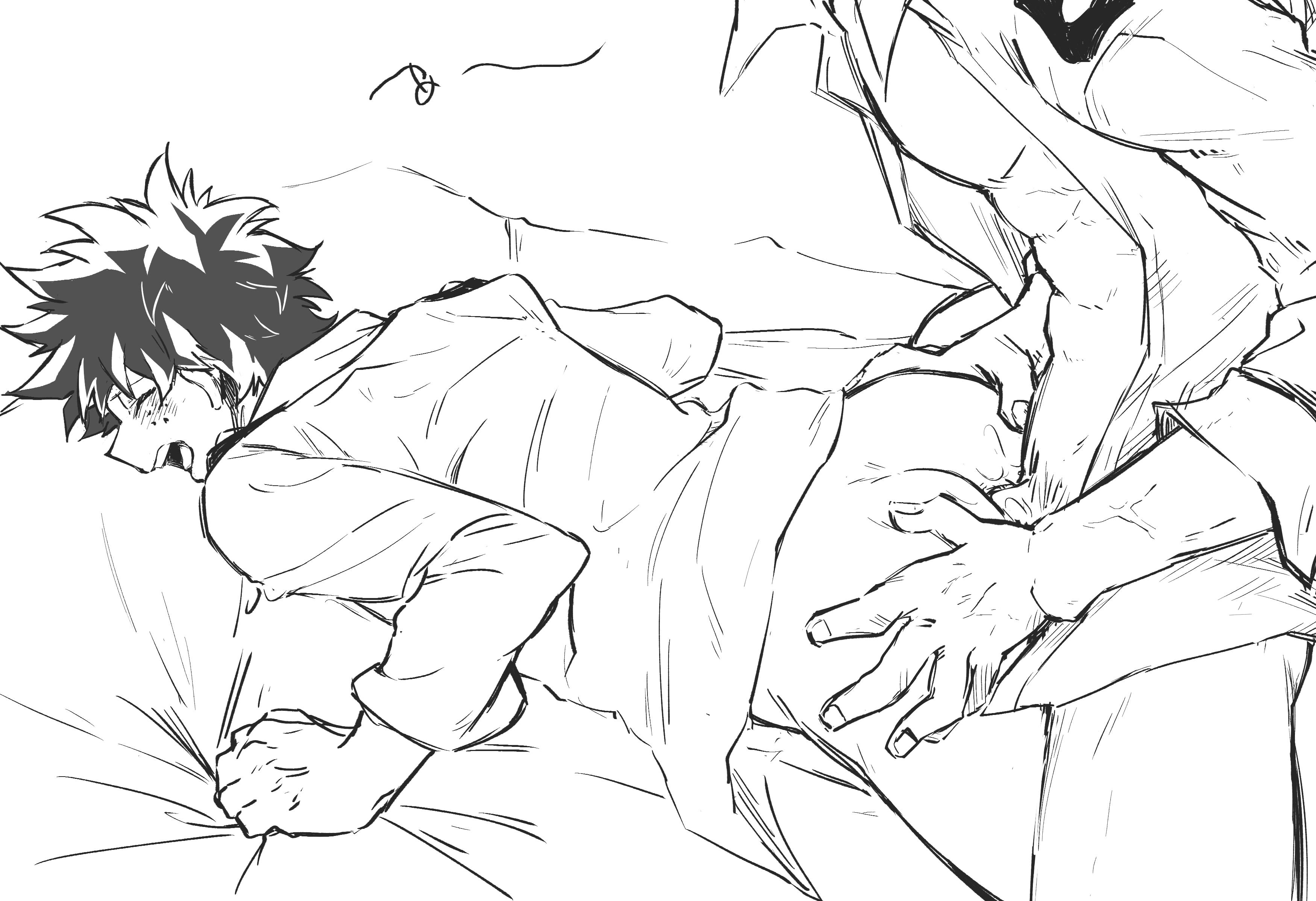 2boys, anal, anal penetration, anal sex, artist request, ass, boku no hero academia, deku, eyes closed, freckles, freckles on face, from behind, from behind position, gay, izuku midoriya, laying on stomach, looking pleasured, male, midoriya izuku, monochrome, mostly clothed, my hero academia, penis, shirt, source request, tagme, unknown artist, unknown male, yaoi