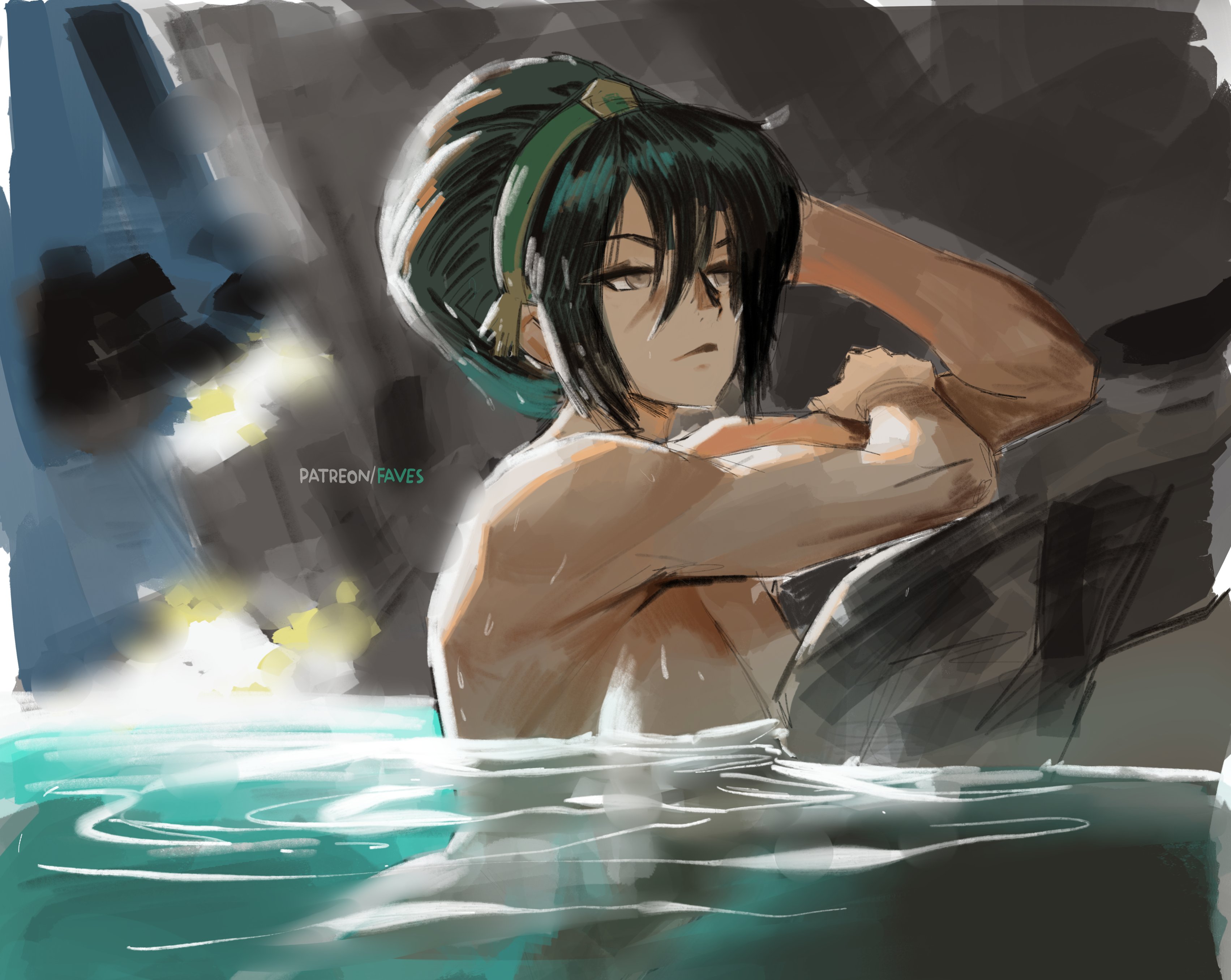 1girls, avatar the last airbender, bathing, big breasts, breasts, covered nipples, female only, missfaves, muscular, muscular female, nude, nude female, solo, solo female, the legend of aang, toph bei fong, water, watermark