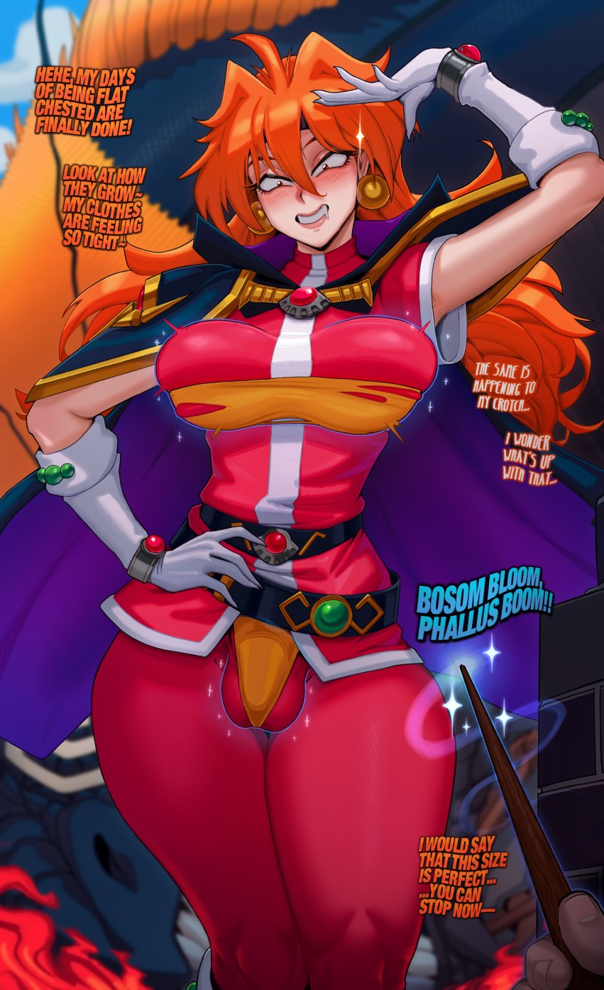 1futa, 2d, blush, breast expansion, breasts, bulge, expansion, futa only, futanari, futanarization, growth, light skin, light-skinned futa, lina inverse, medium breasts, orange hair, penis, penis growth, picturd, slayers, solo, solo futa, tagme, thick thighs, thighs, transformation, transformation sequence